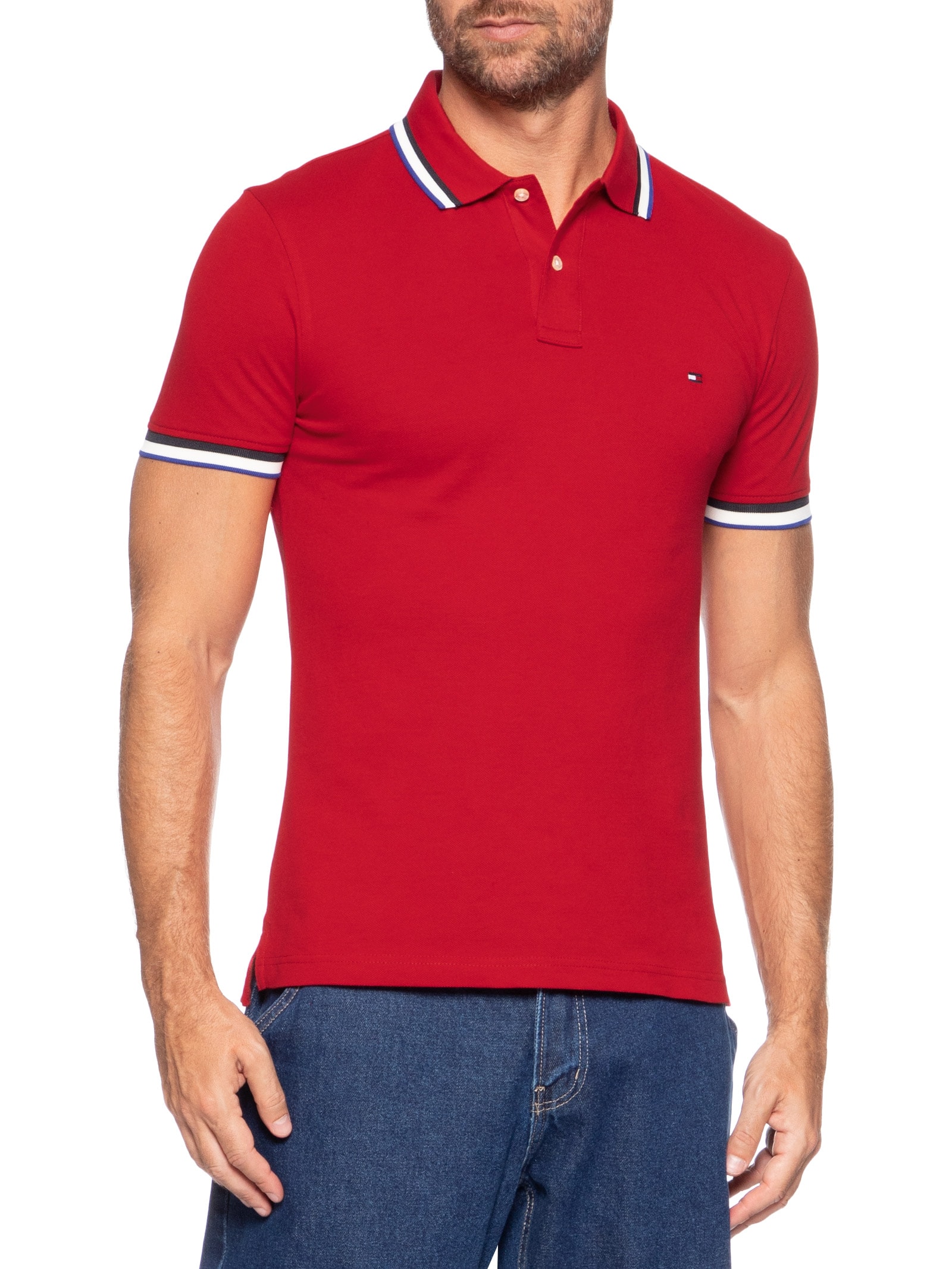 Polo Masculina Slim Fit Com Friso Vermelho Tommy Hilfiger