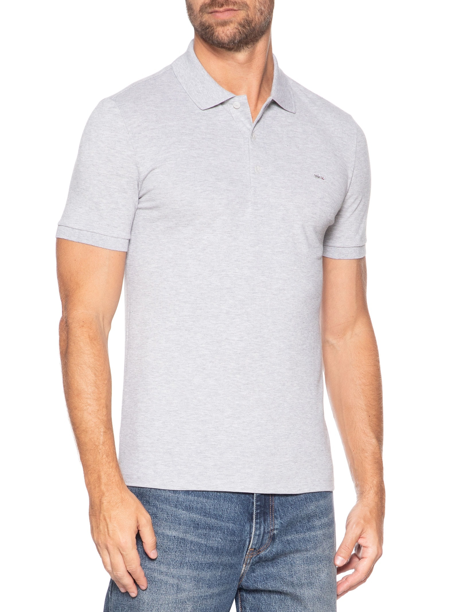 Polo Masculina Slim Fit Em Mini Piquet Stretch Cinza Lacoste