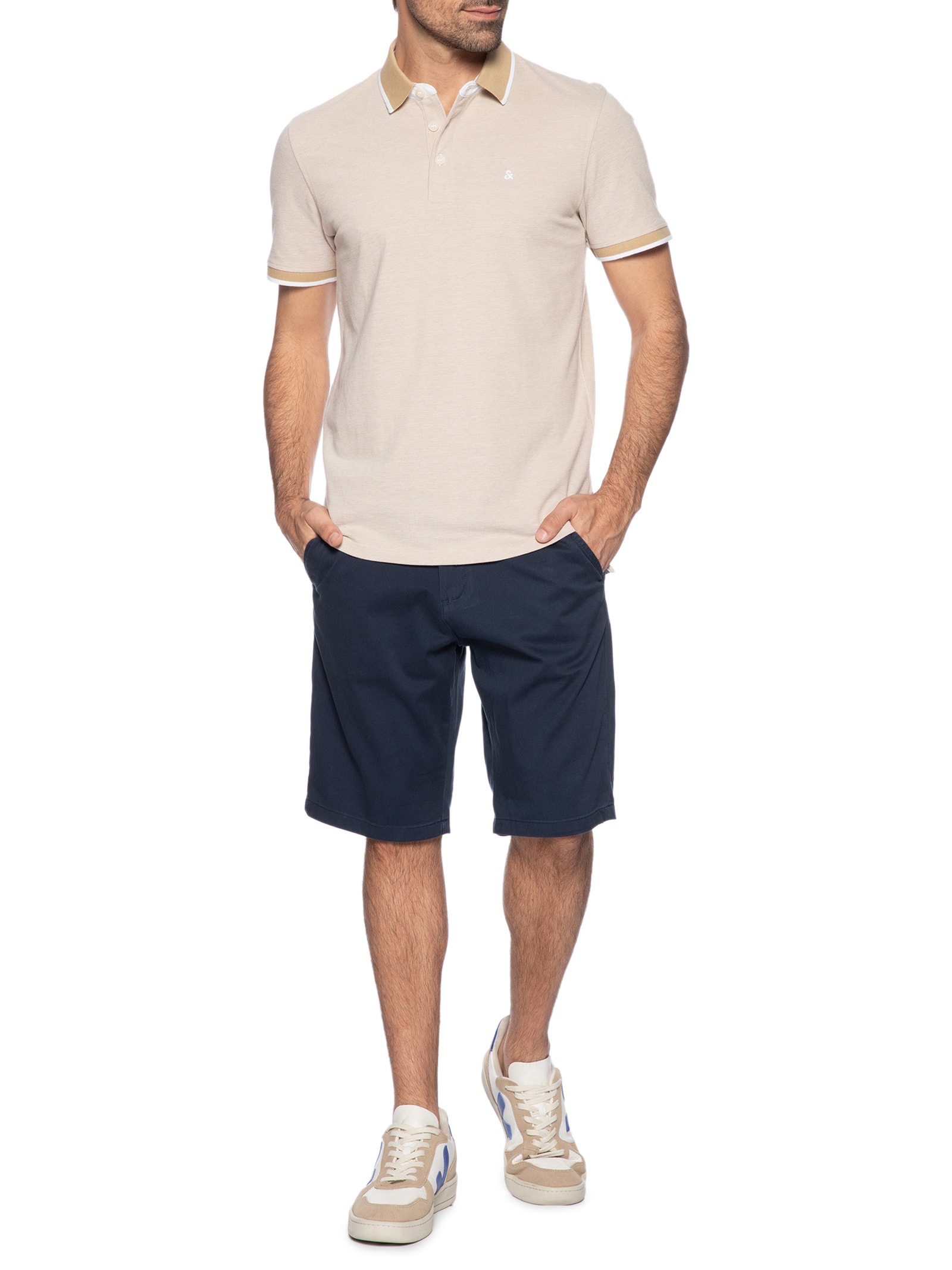 Polo Masculina Slim Fit Em Piquet de Algodão Orgânico Bege Jack & Jones