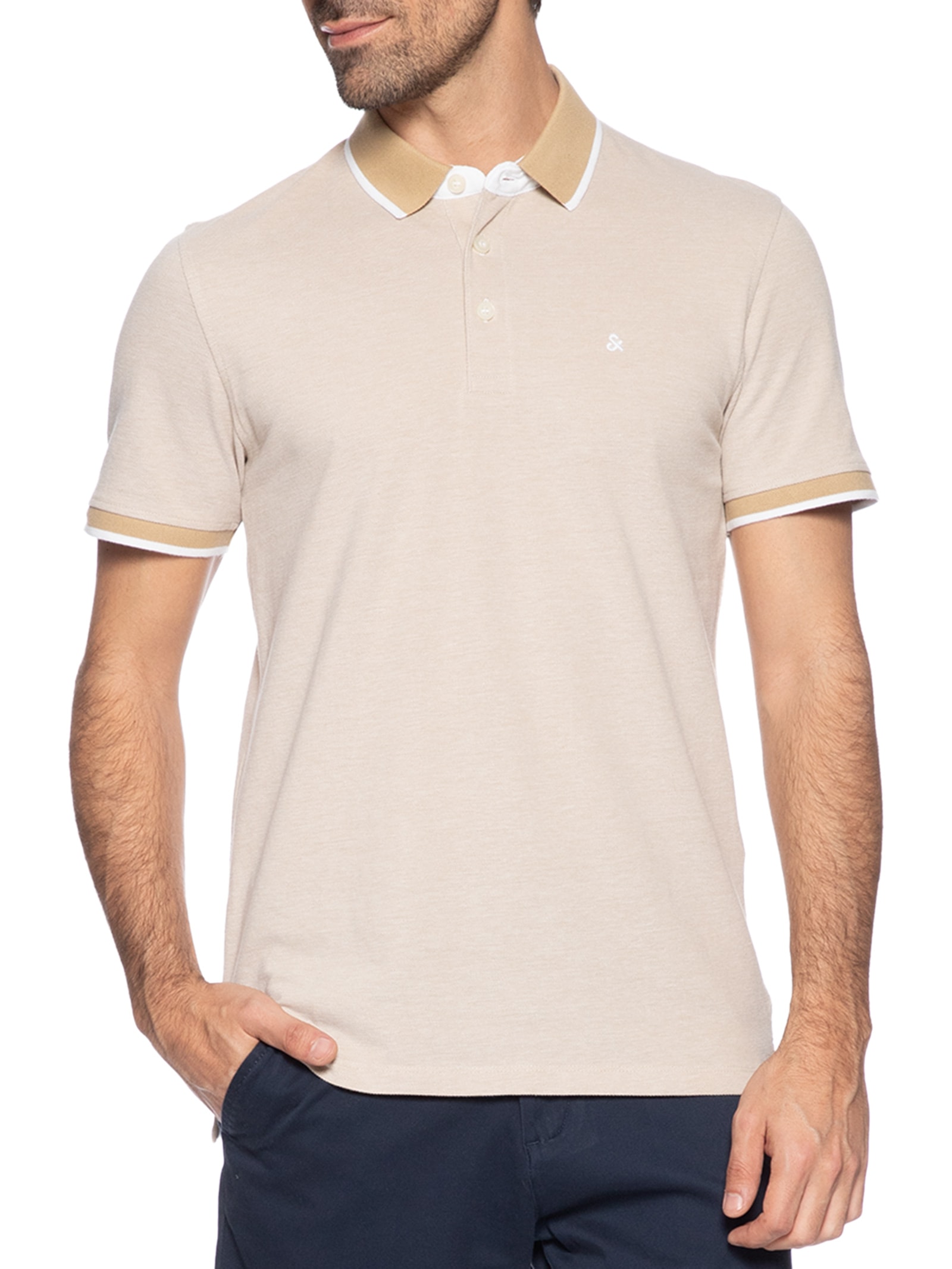 Polo Masculina Slim Fit Em Piquet de Algodão Orgânico Bege Jack & Jones