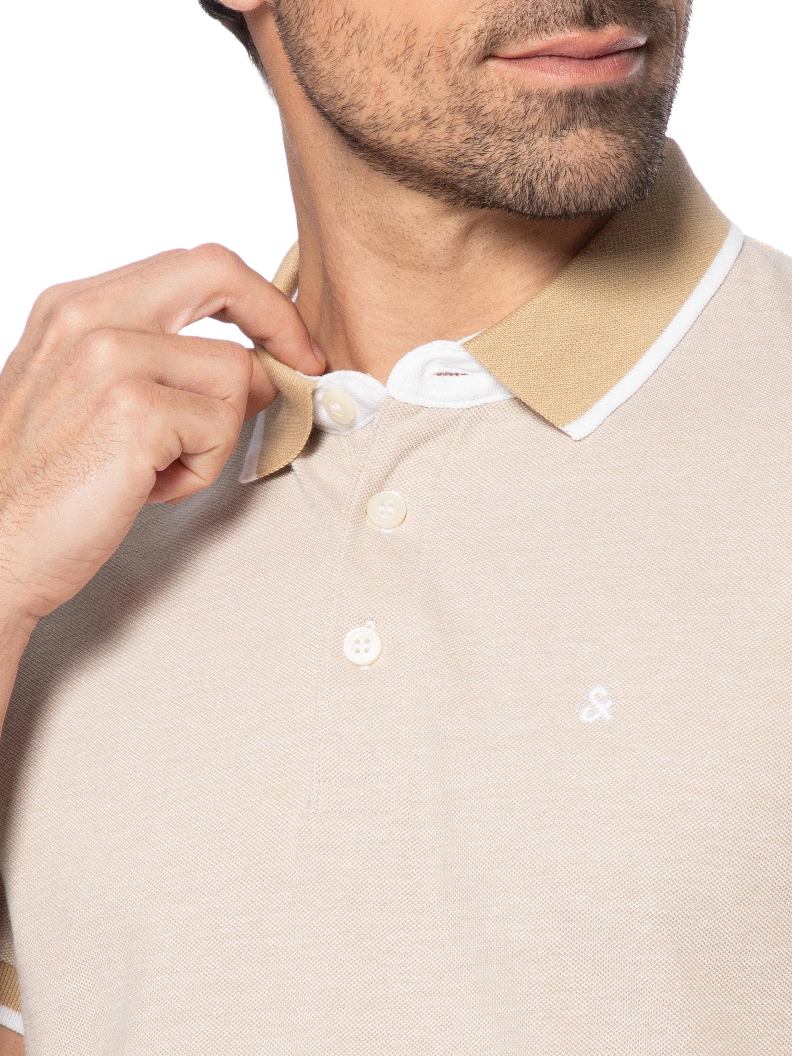 Polo Masculina Slim Fit Em Piquet de Algodão Orgânico Bege Jack & Jones