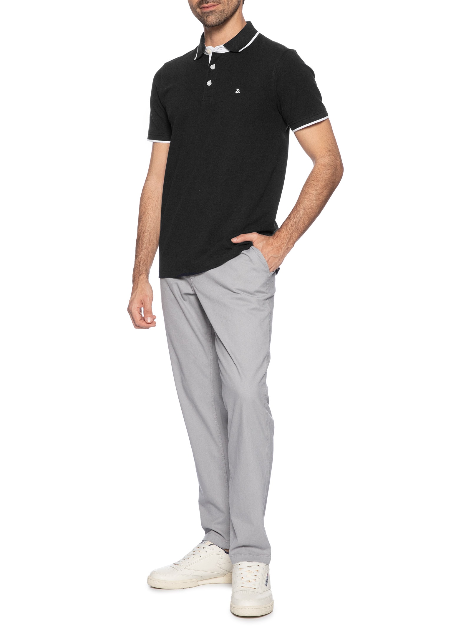 Polo Masculina Slim Fit Em Piquet De Algodão Orgânico Preto Jack & Jones