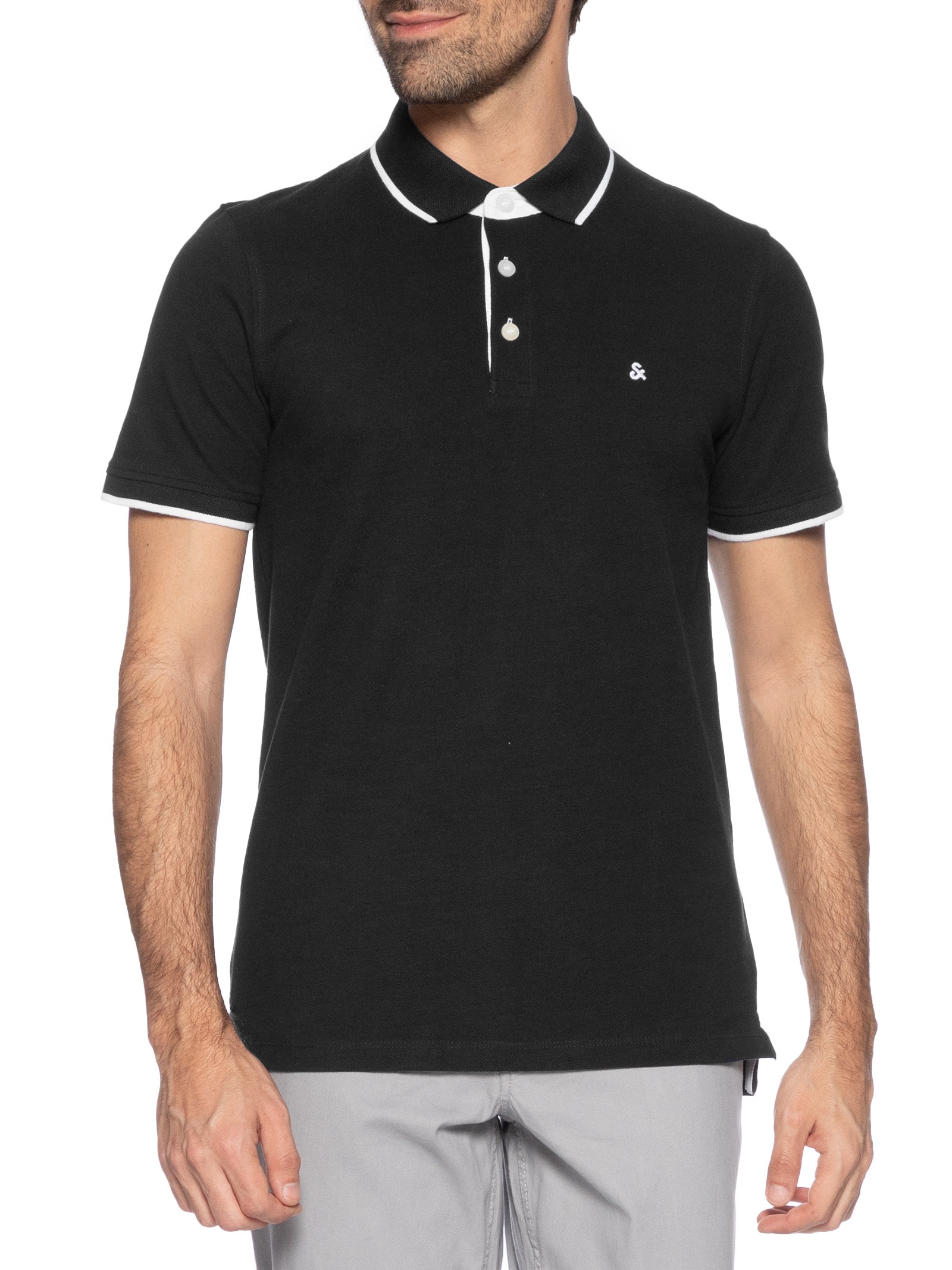 Polo Masculina Slim Fit Em Piquet De Algodão Orgânico Preto Jack & Jones