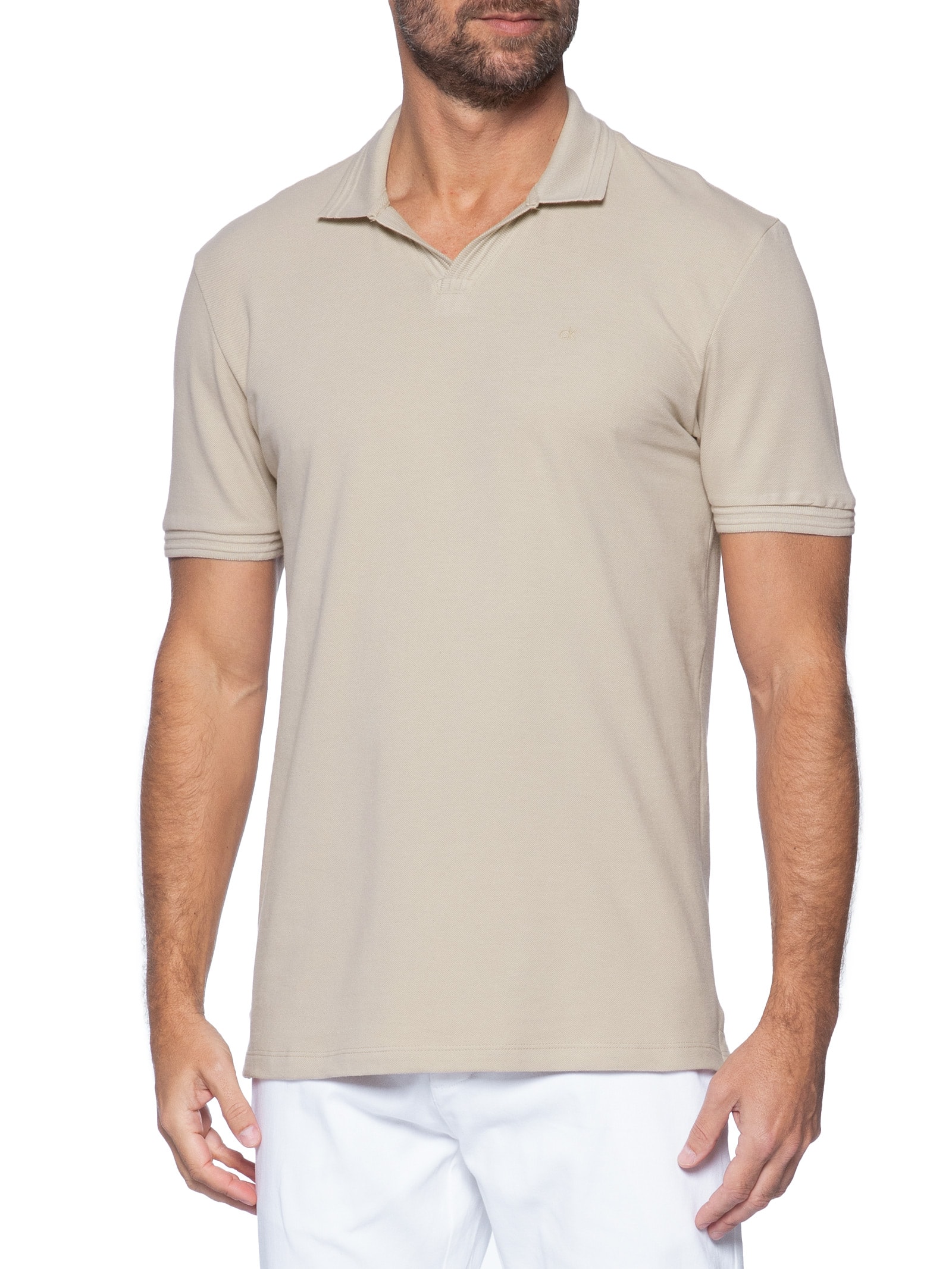 Polo Masculina Slim Gola Aberta Peitilho Bege Calvin Klein