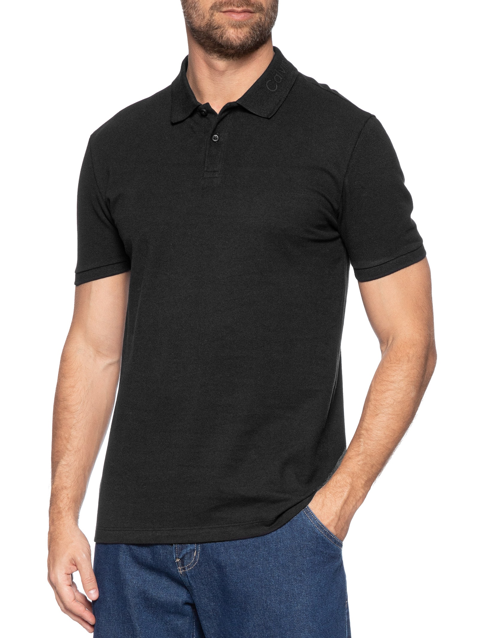 Polo Masculina Slim Logo Gola Preto Calvin Klein - White Label