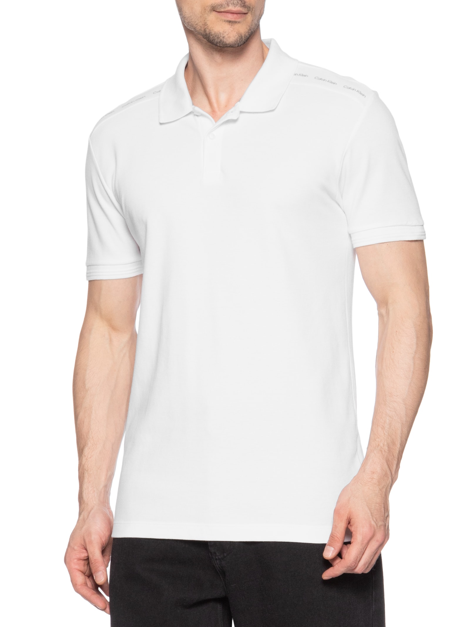 Polo Masculina Slim Recorte Logo Ombro Branco Calvin Klein - White Label