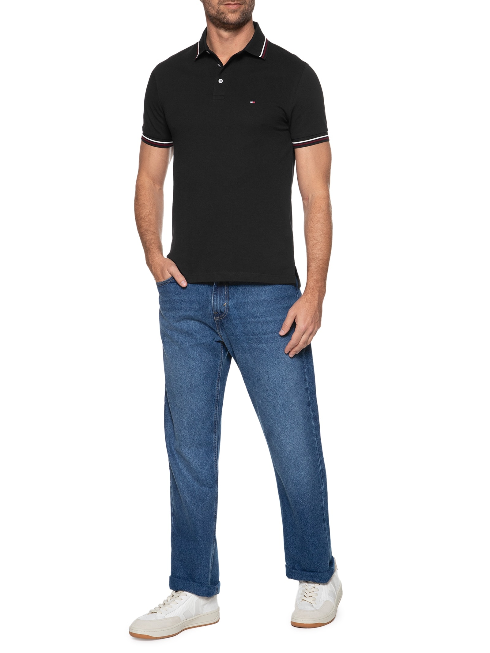 Polo Masculina Tipped Slim Fit Preto Tommy Hilfiger
