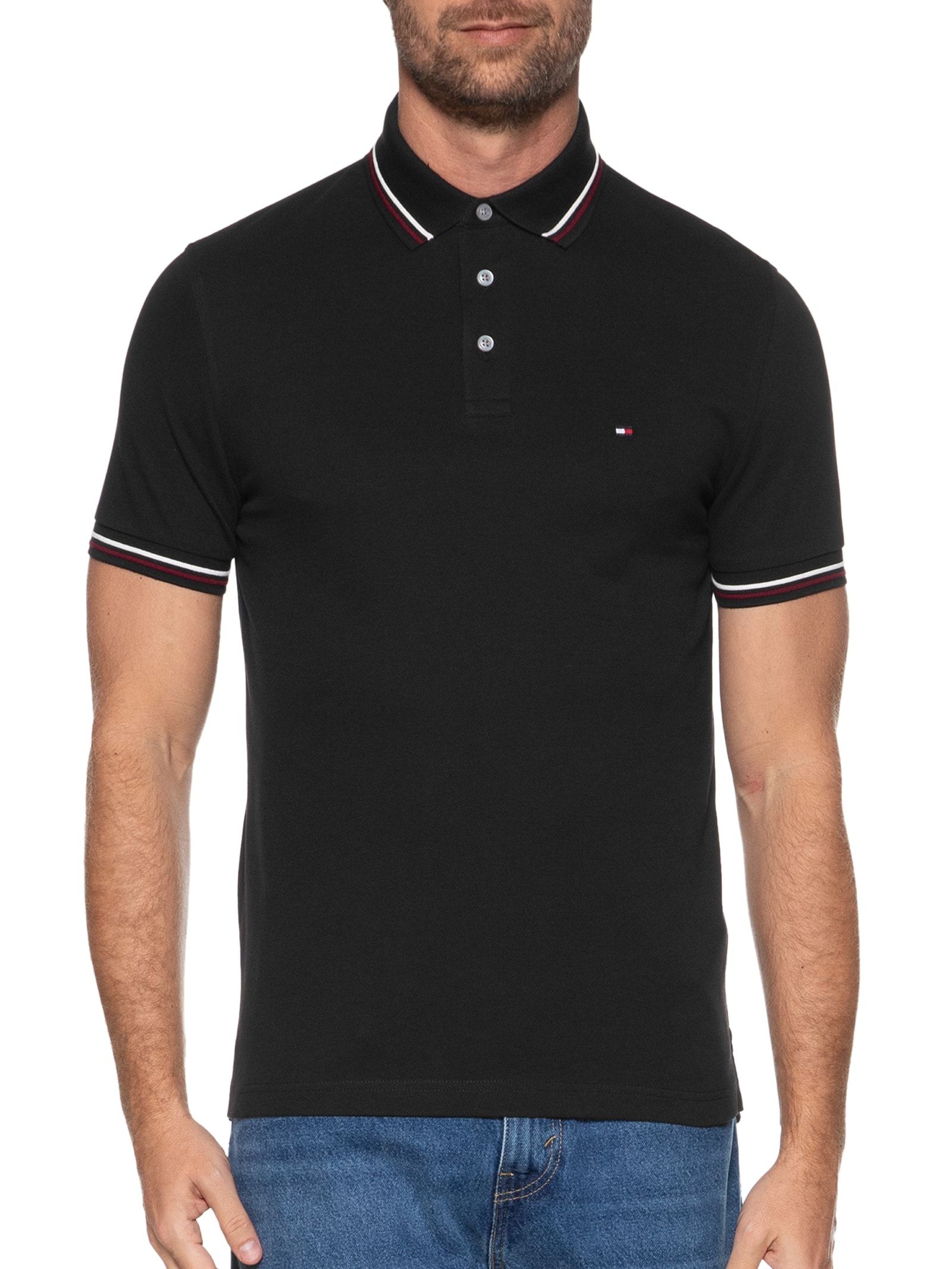 Polo Masculina Tipped Slim Fit Preto Tommy Hilfiger