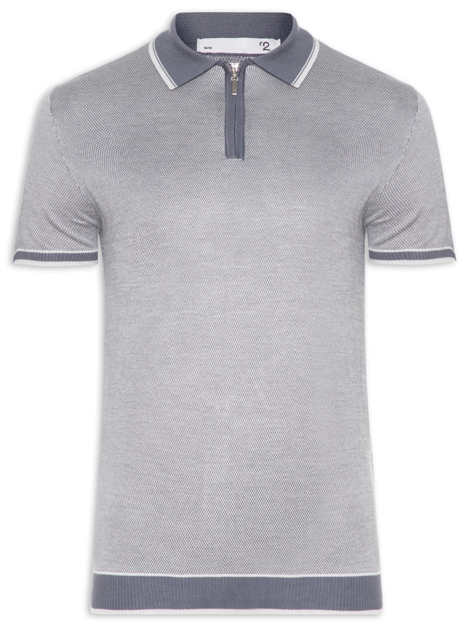 2 Essential - Polo Masculina Tricot Com Friso - Cinza