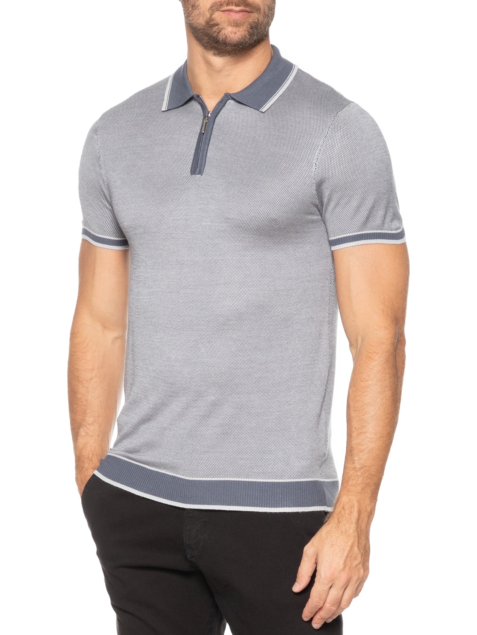 Polo Masculina Tricot Com Friso Cinza '2 Essential