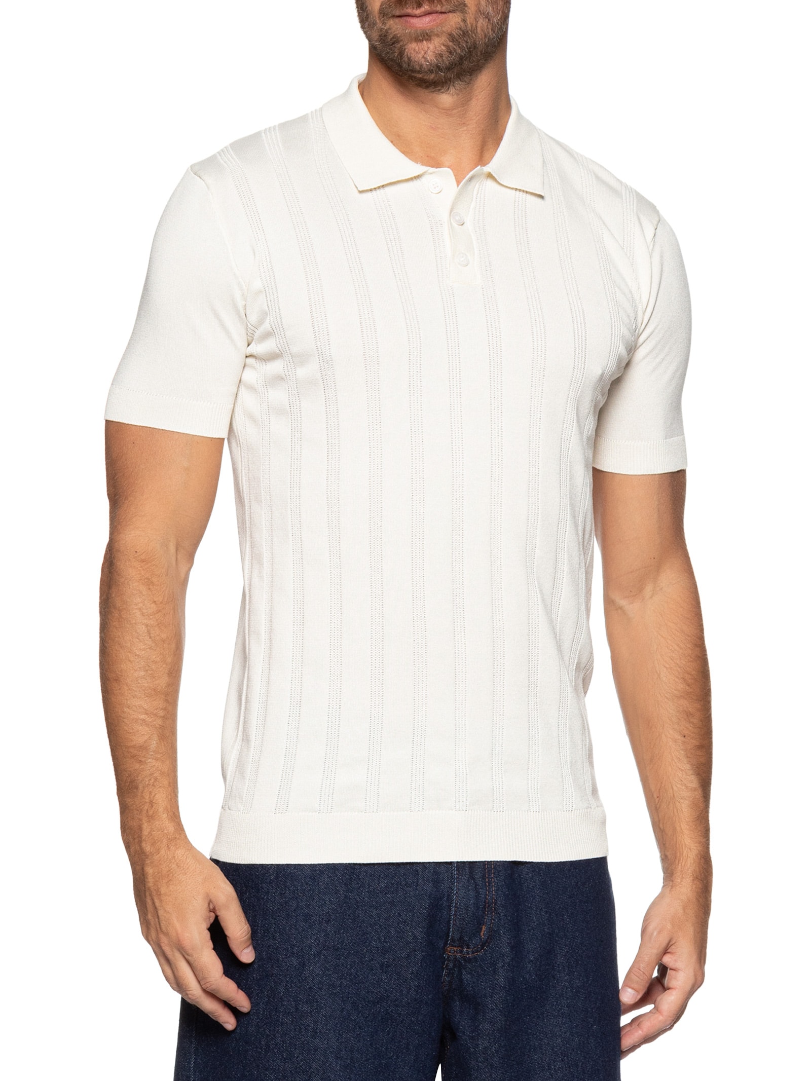 Polo Masculina Tricot Detalhes Off White Basiq Men