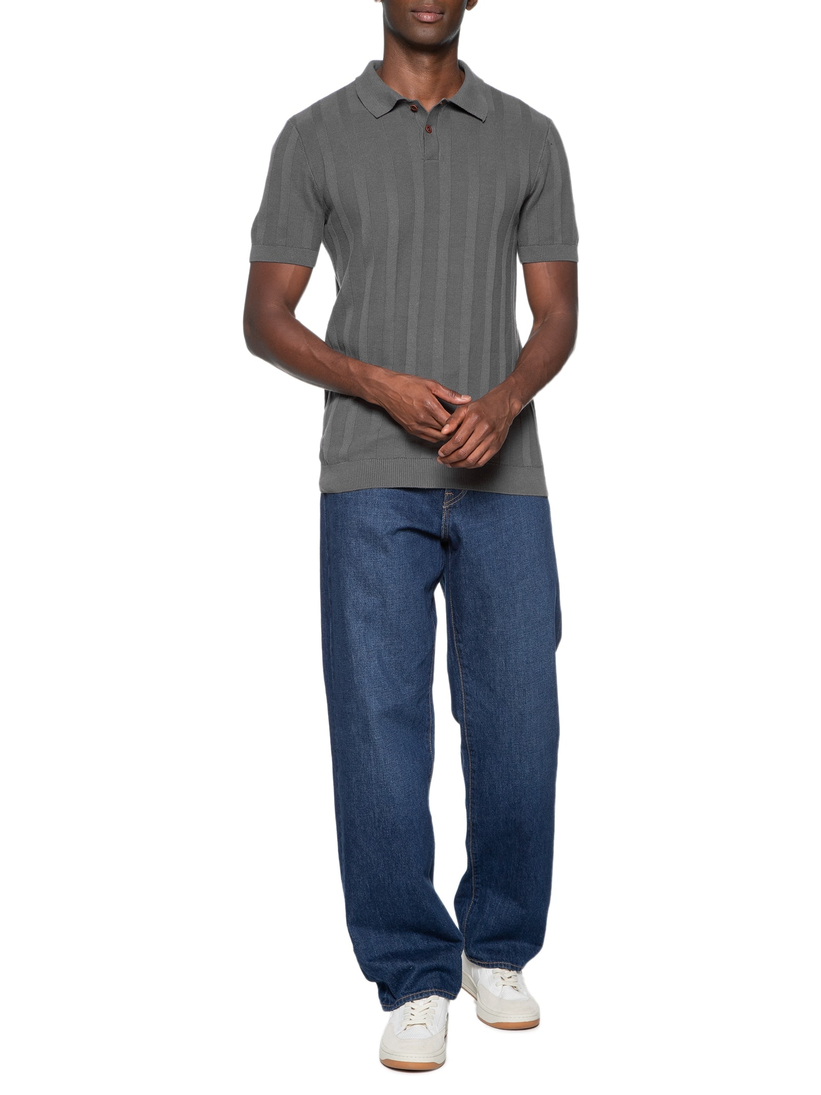 Polo Masculina Tricot Jacquard Listrado Cinza Hering