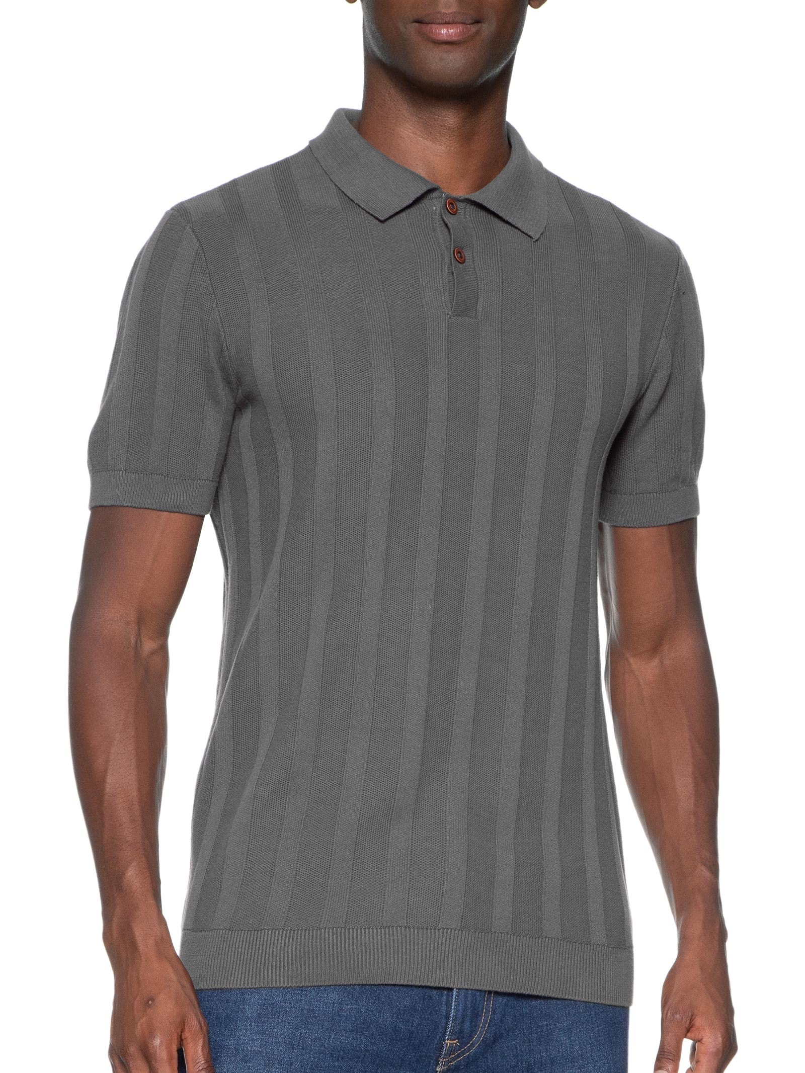 Polo Masculina Tricot Jacquard Listrado Cinza Hering