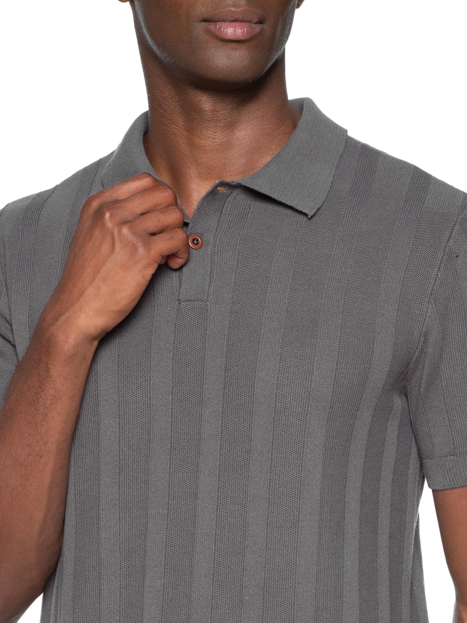 Polo Masculina Tricot Jacquard Listrado Cinza Hering