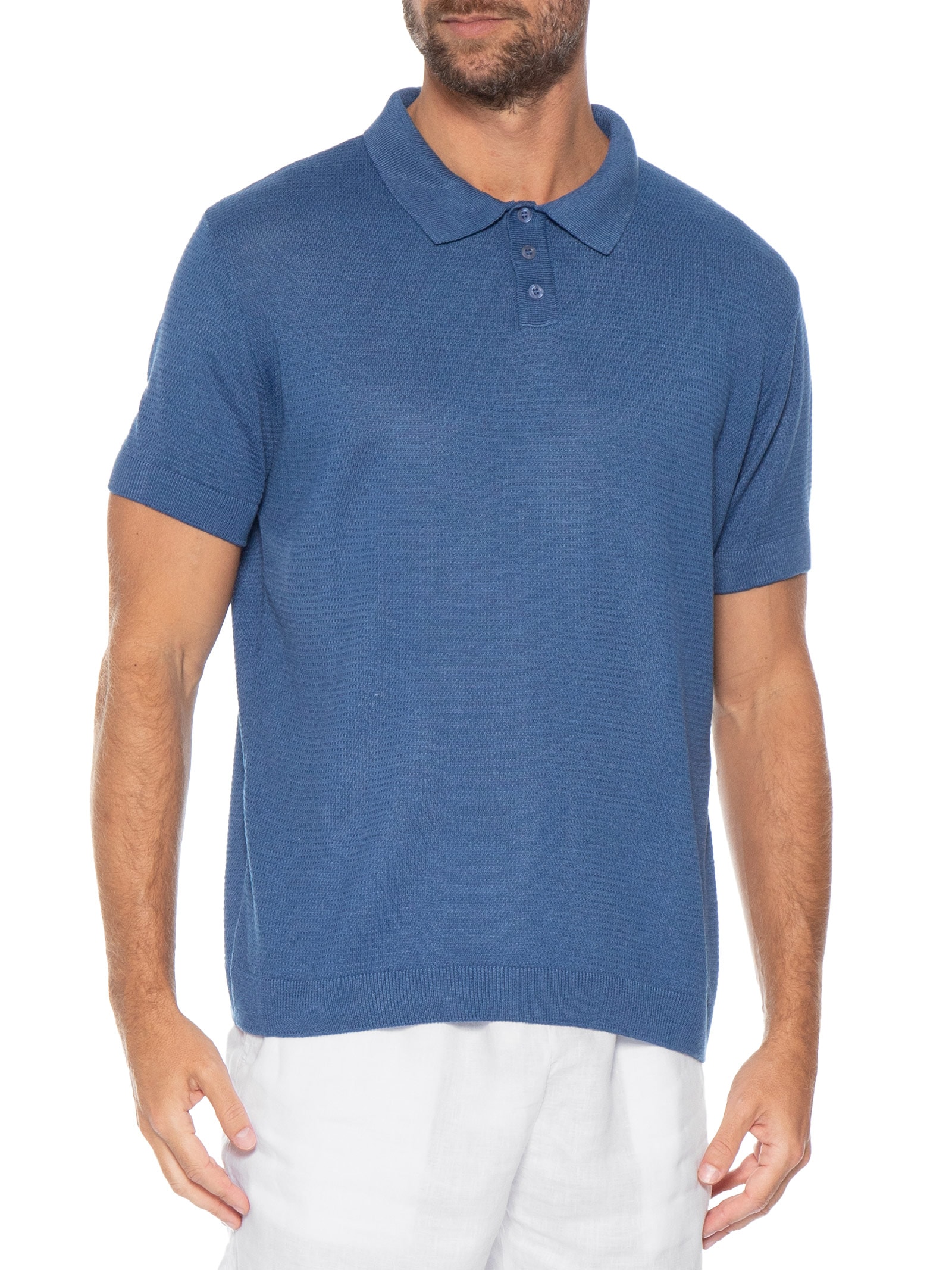 Polo Masculina Tricot Manga Curta Bretanha Azul Foxton