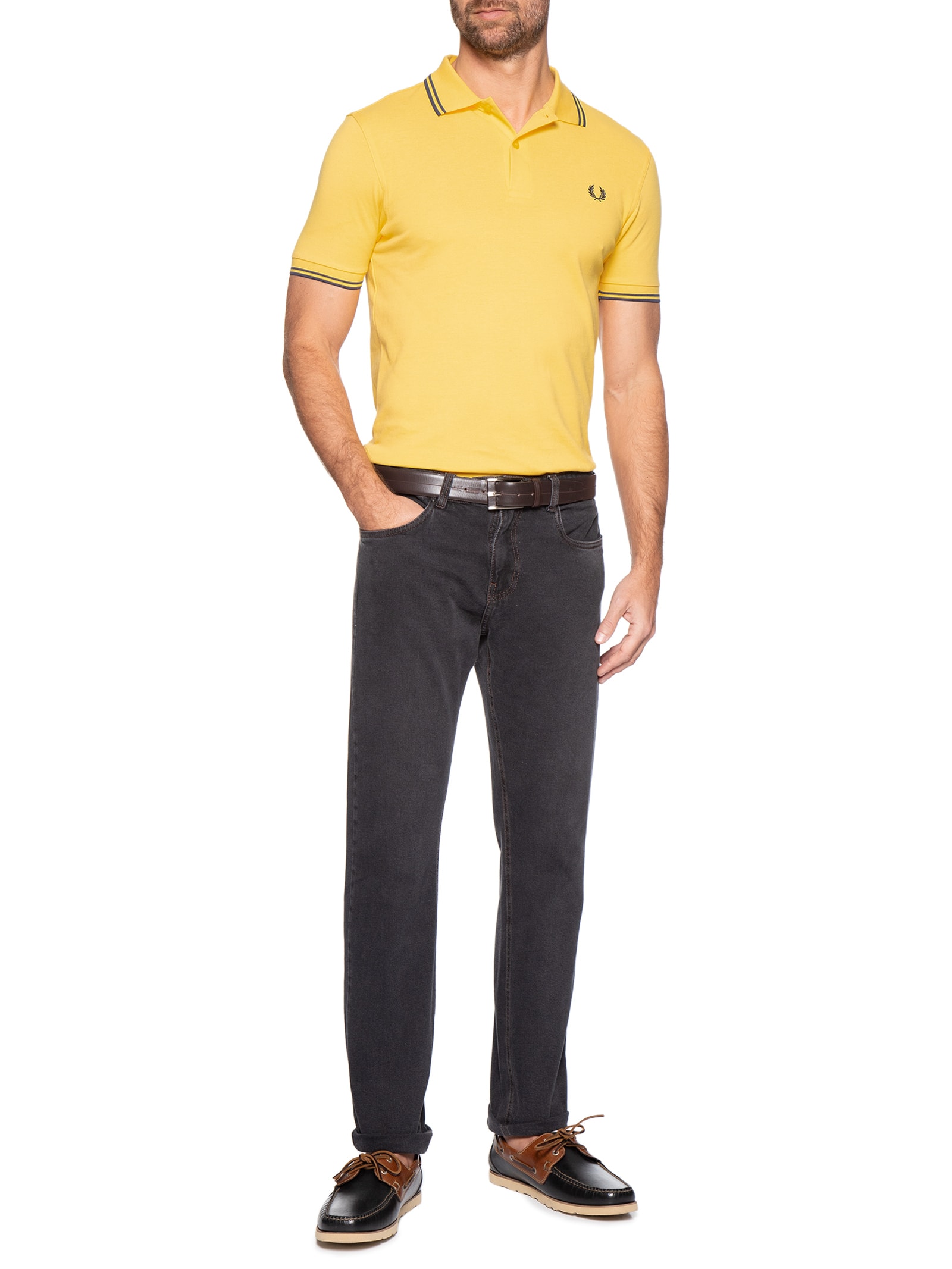 Polo Masculina Twin Tipped Regular Fit Em Piquet De Algodão Amarelo Fred Perry