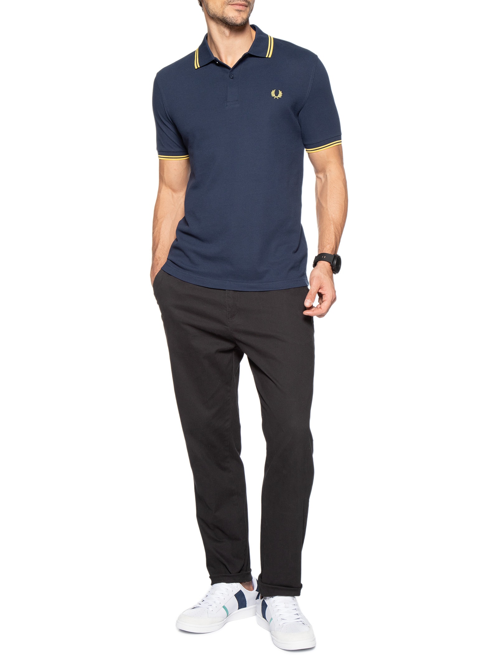 Polo Masculina Twin Tipped Regular Fit Em Piquet De Algodão Azul Fred Perry