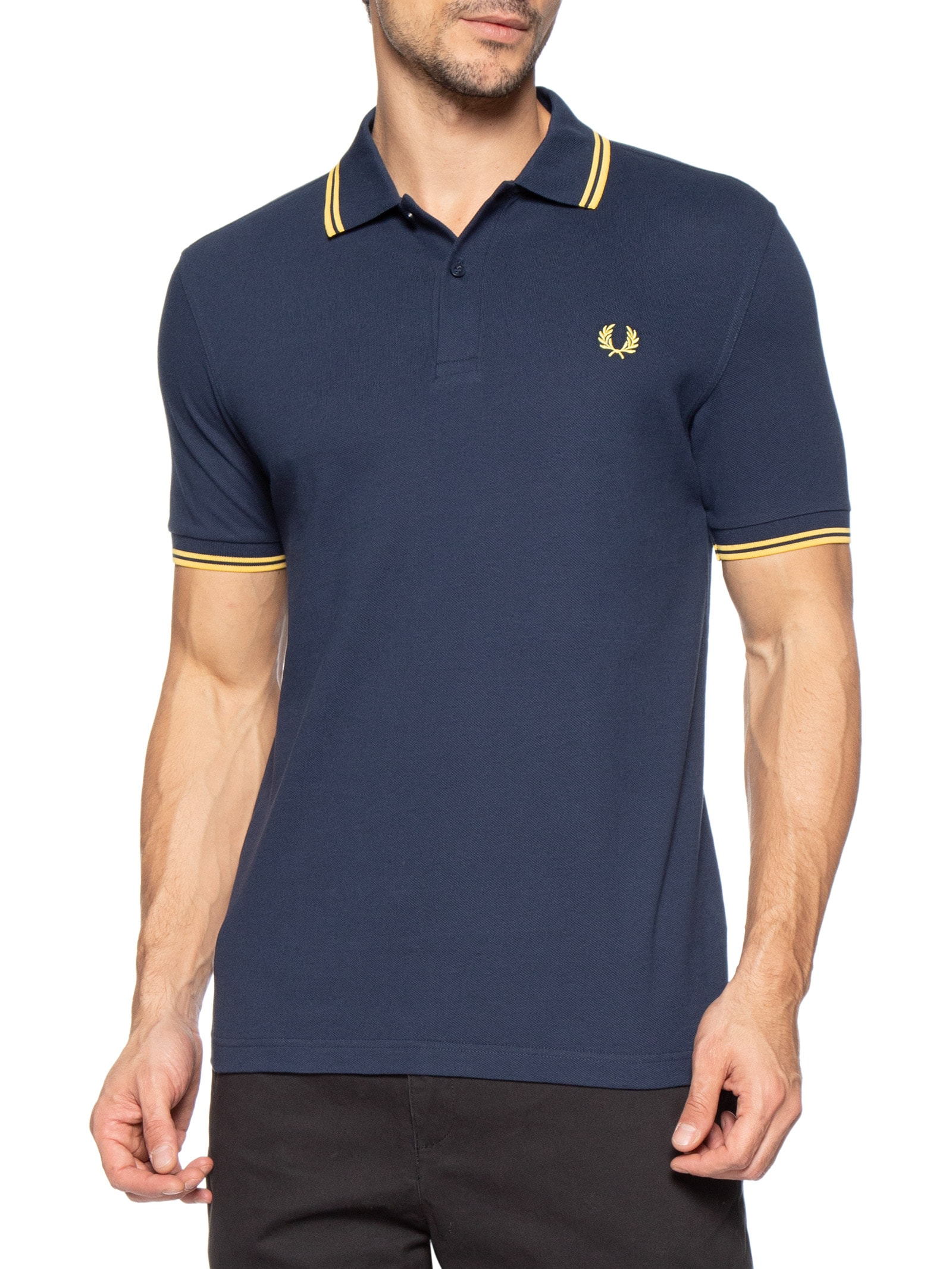 Polo Masculina Twin Tipped Regular Fit Em Piquet De Algodão Azul Fred Perry