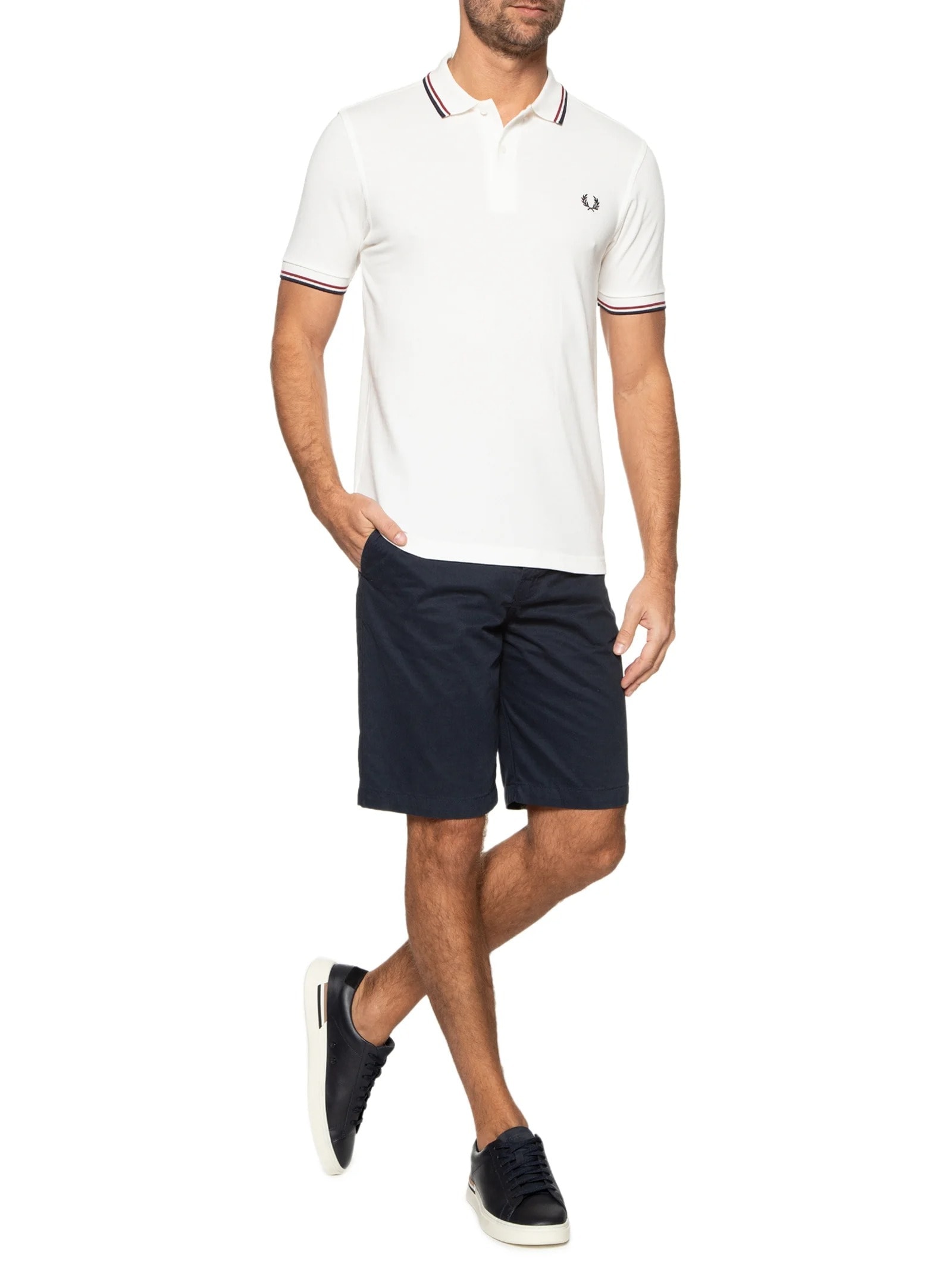 Polo Masculina Twin Tipped Regular Fit Em Piquet De Algodão Branco Fred Perry