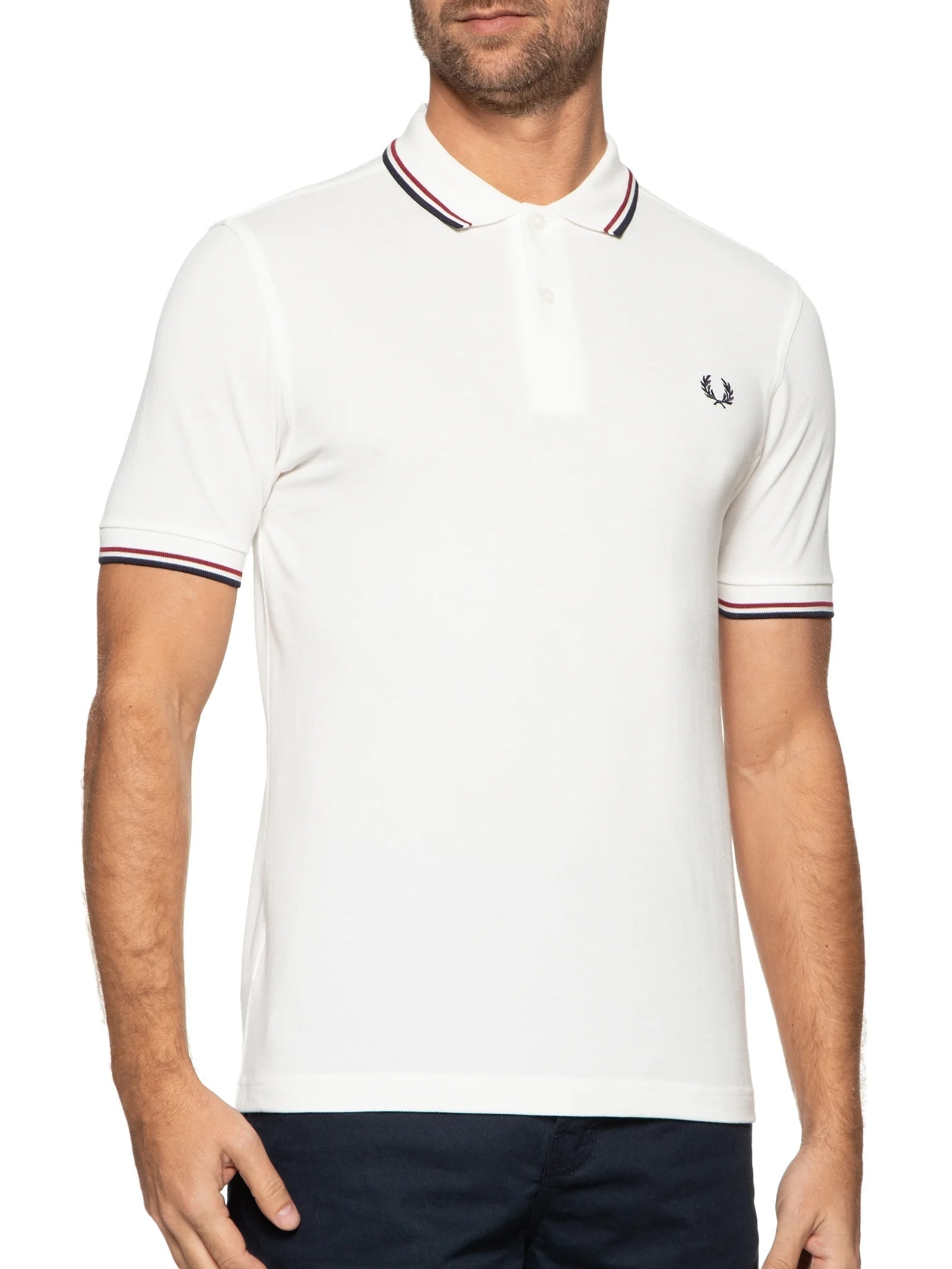 Polo Masculina Twin Tipped Regular Fit Em Piquet De Algodão Branco Fred Perry