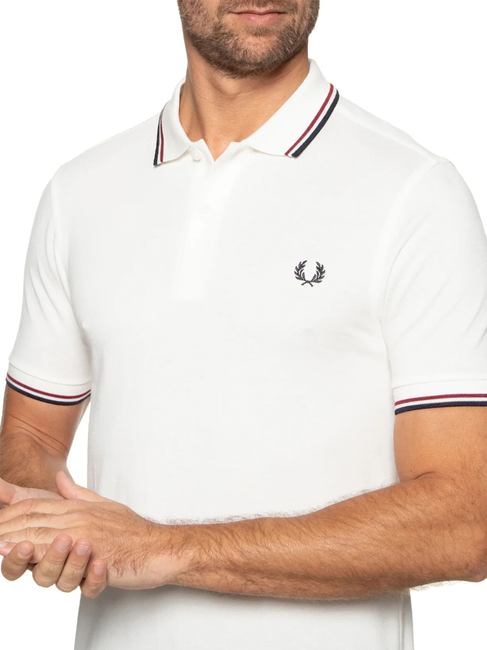 Polo Masculina Twin Tipped Regular Fit Em Piquet De Algodão Branco Fred Perry