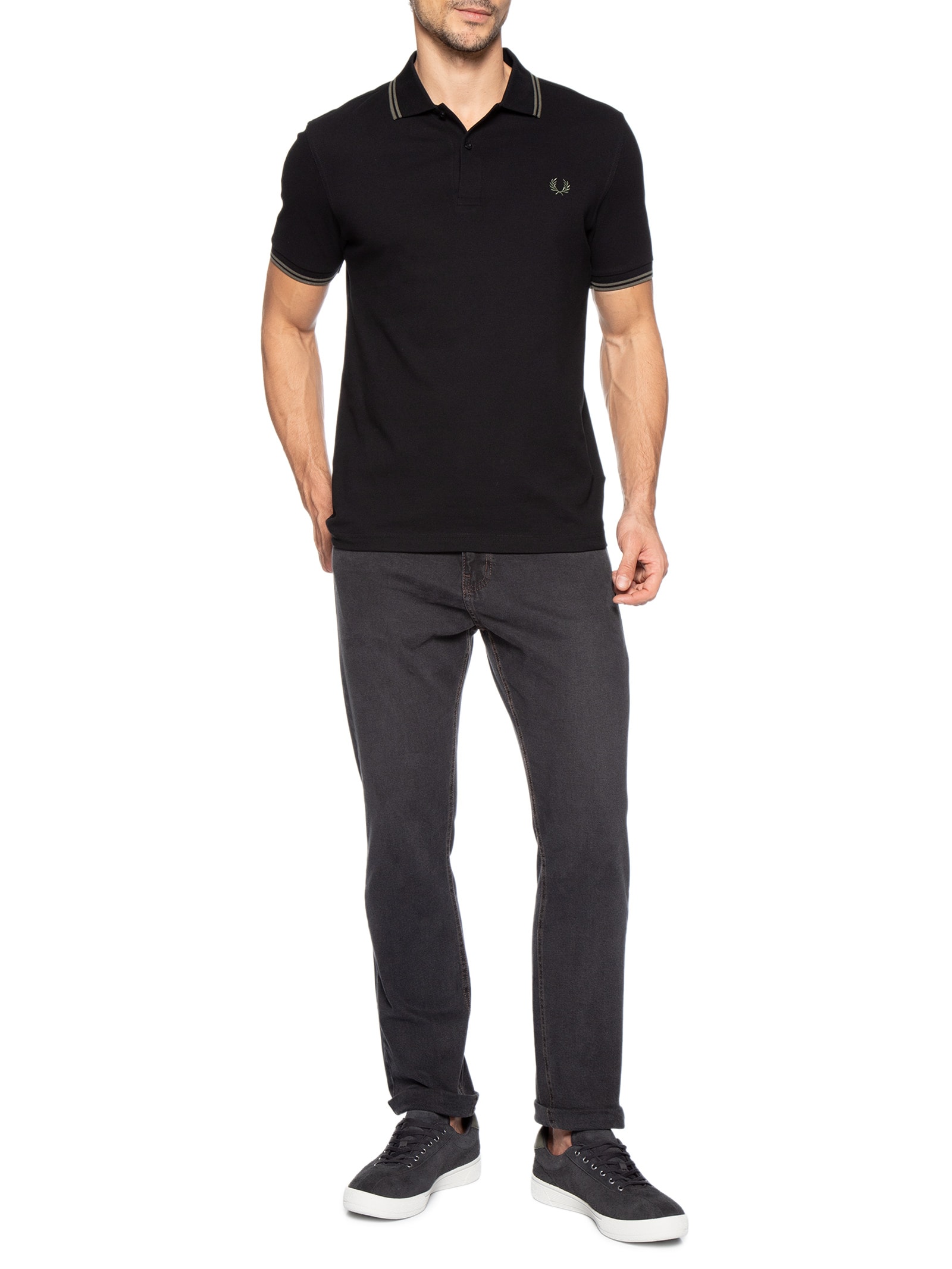 Polo Masculina Twin Tipped Regular Fit Em Piquet De Algodão Preto Fred Perry