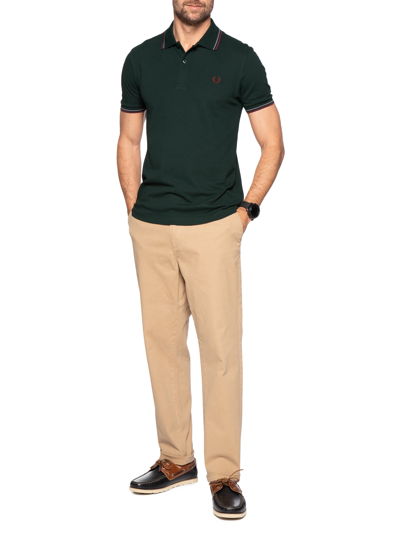Polo Masculina Twin Tipped Regular Fit Em Piquet De Algodão Verde Fred Perry