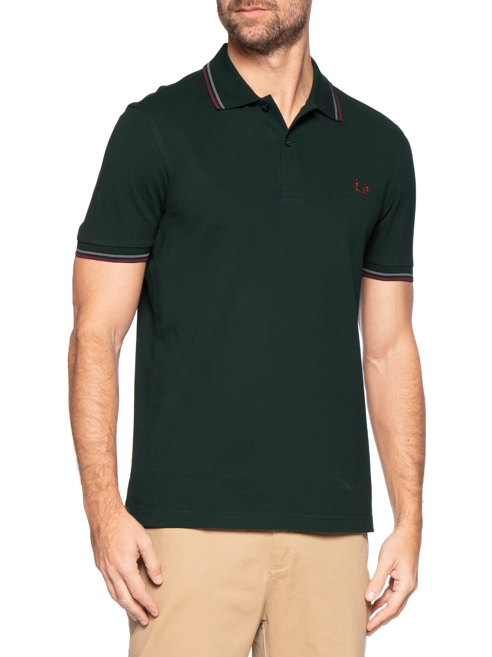 Polo Masculina Twin Tipped Regular Fit Em Piquet De Algodão Verde Fred Perry