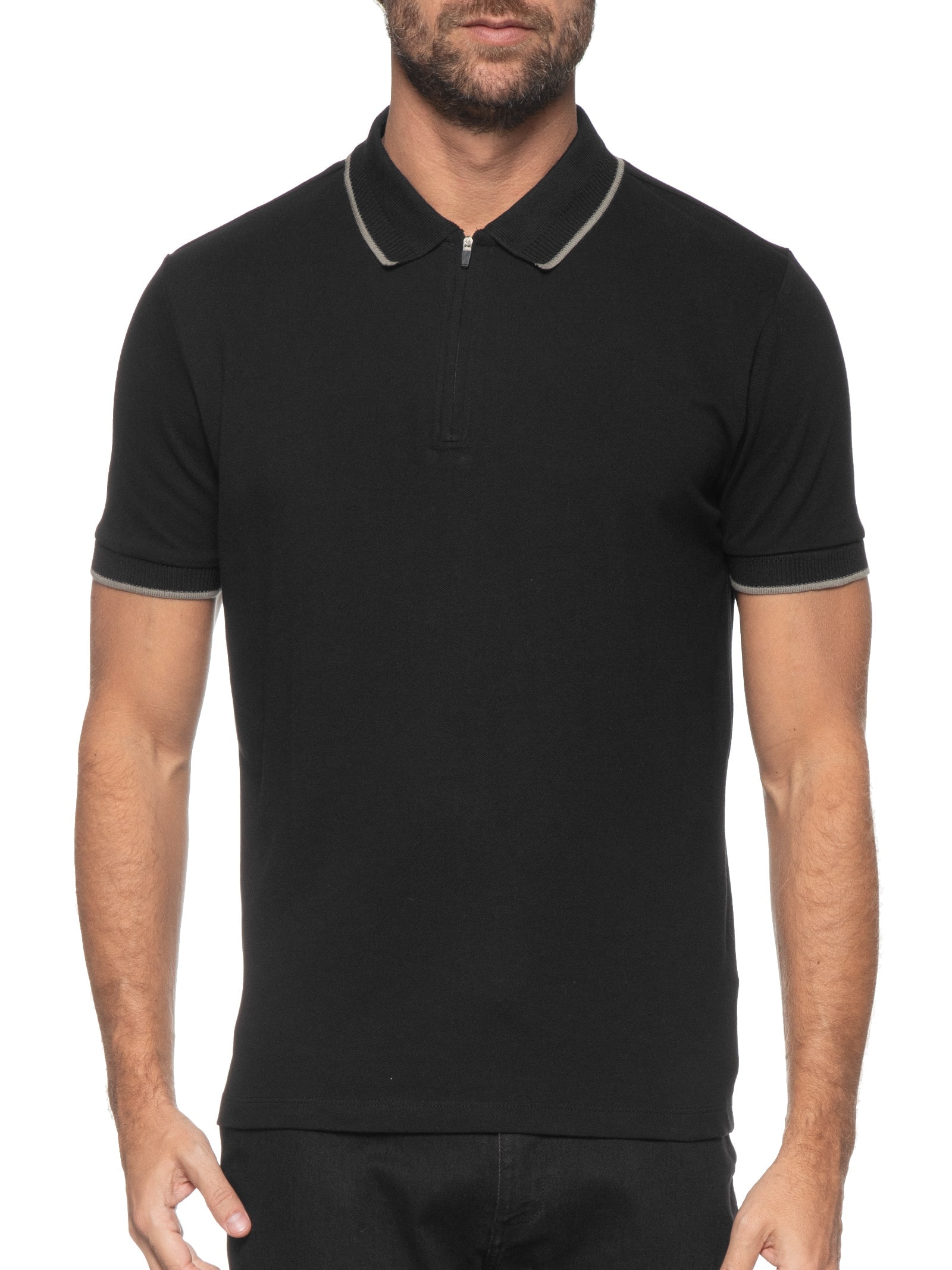 2 Essential - Polo Masculina Zíper Com Detalhe Em Fris - Preto