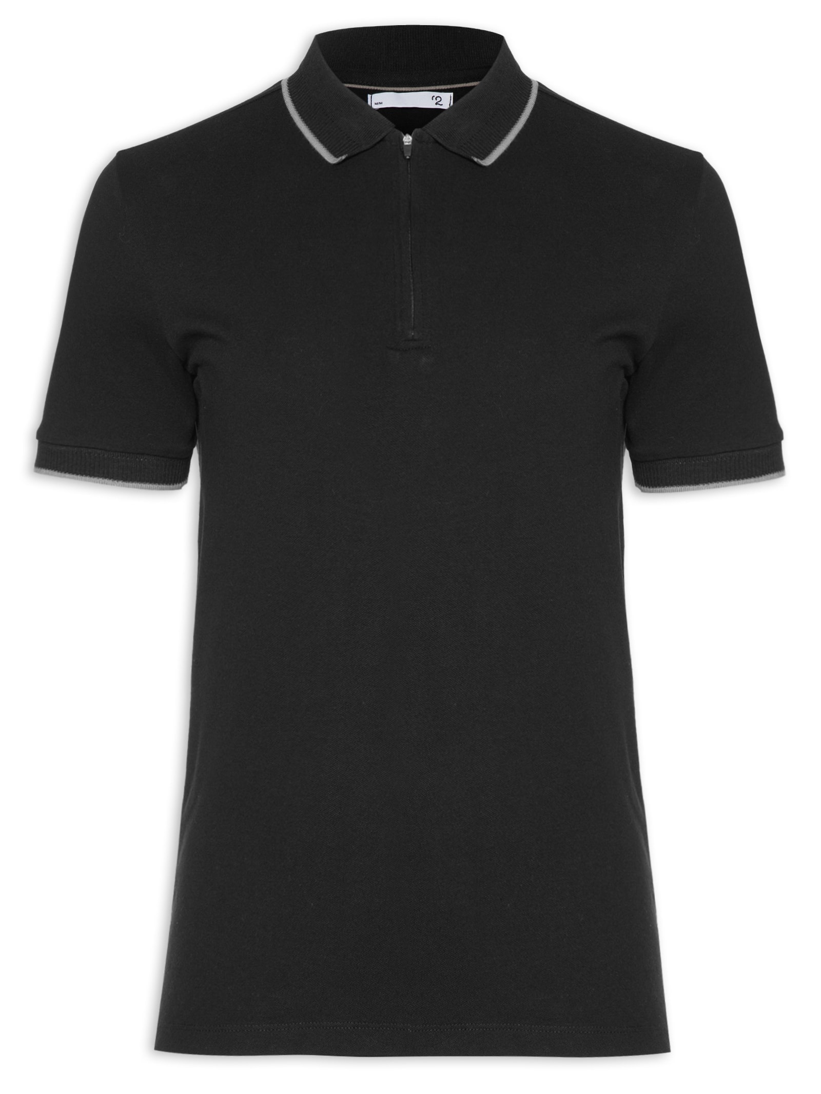 2 Essential - Polo Masculina Zíper Com Detalhe Em Fris - Preto