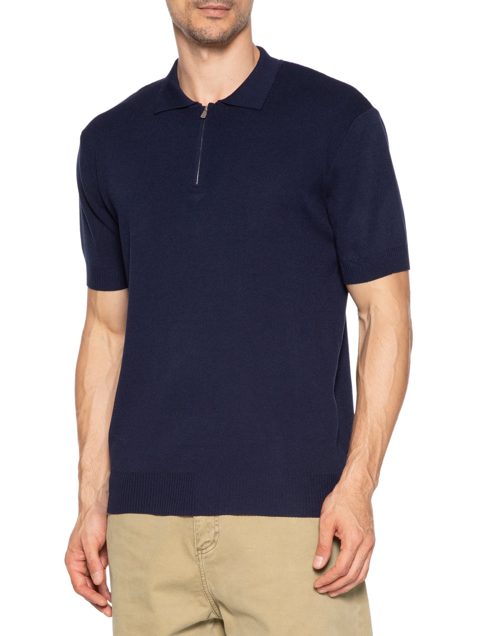 Polo Masculina Zíper Em Tricot Azul '2 Essential