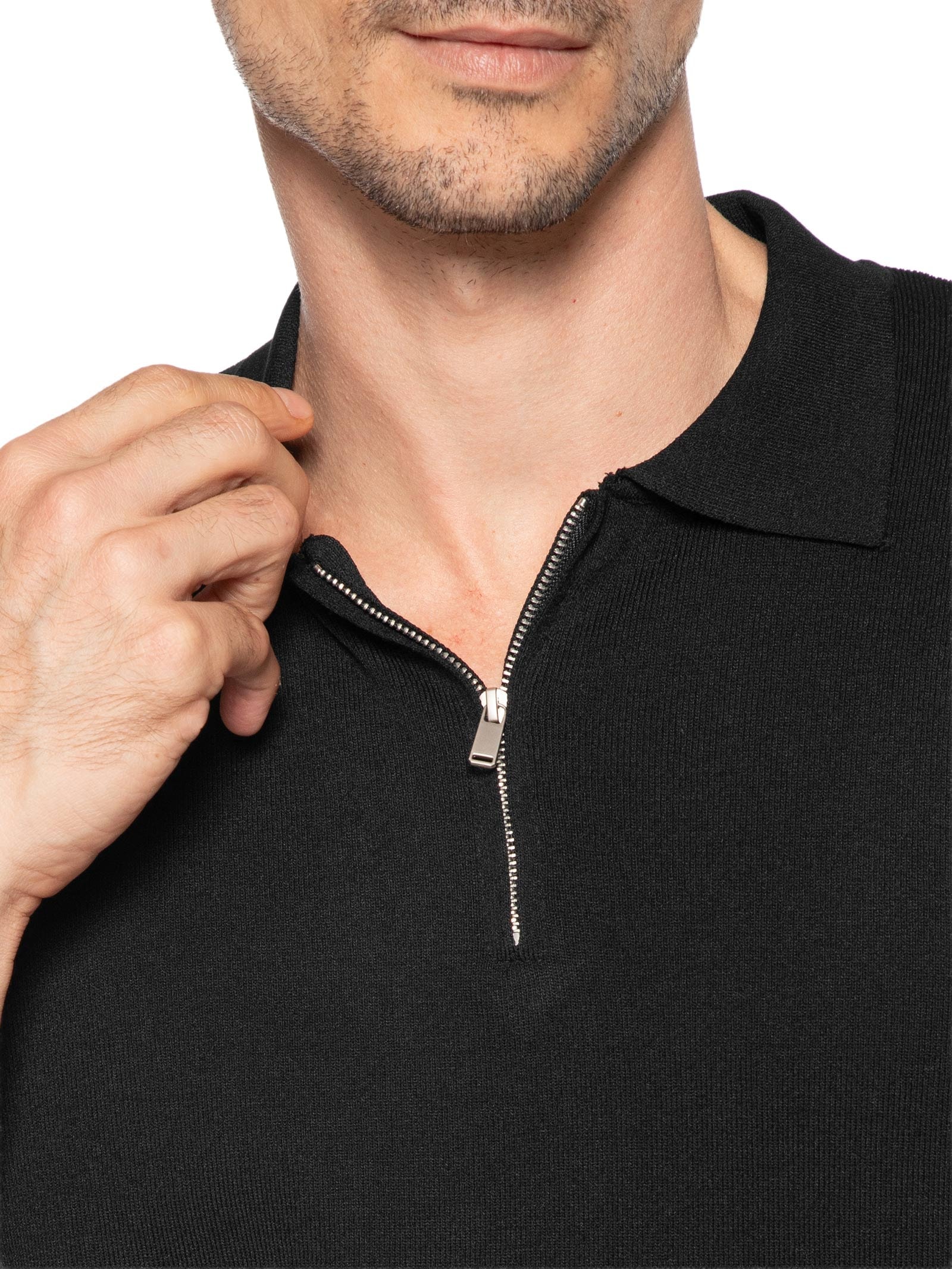 Polo Masculina Zíper Em Tricot - Preto - '2 Essential