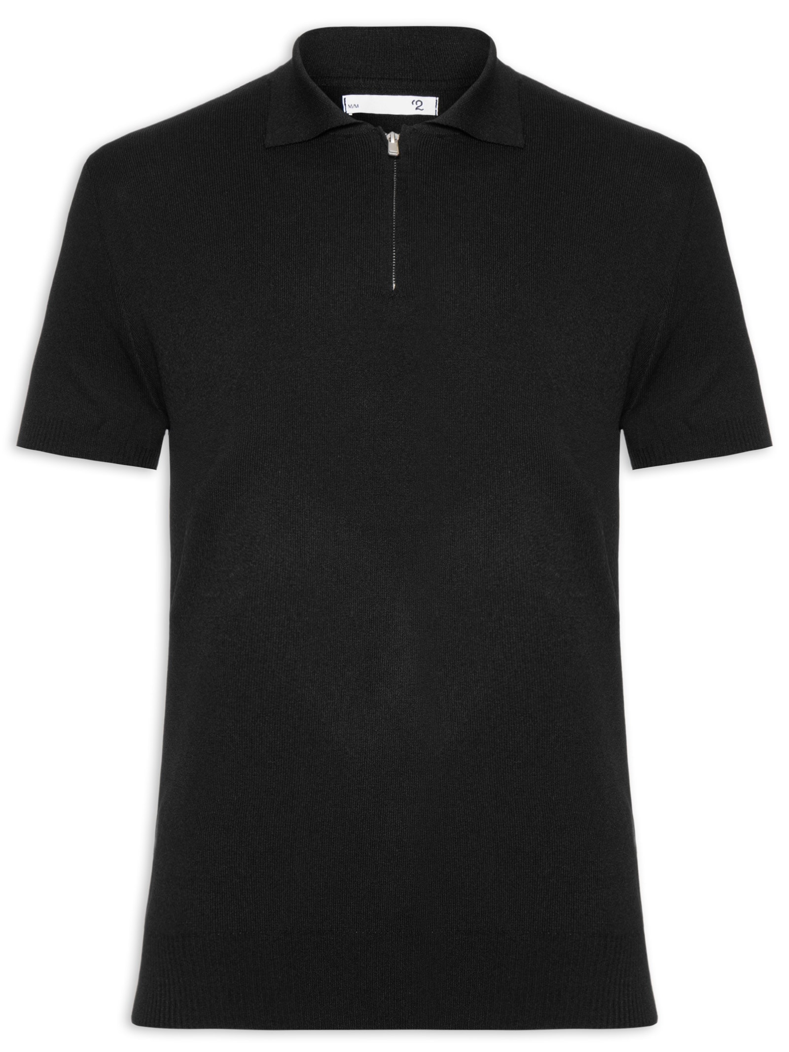2 Essential - Polo Masculina Zíper Com Detalhe Em Fris - Preto