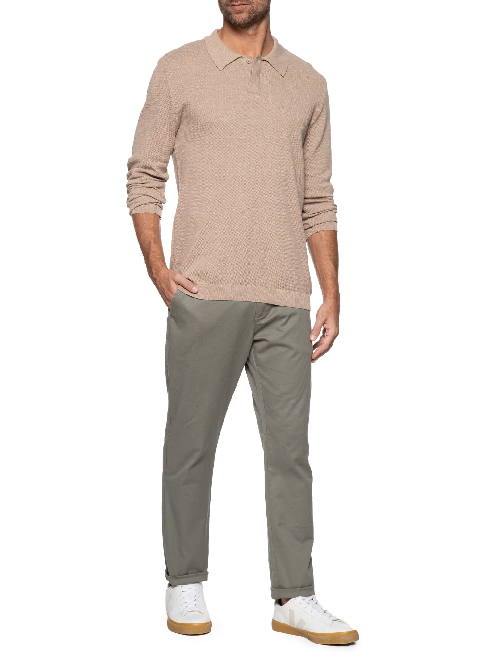 Polo Masculino Manga Longa Tricot Corda Bege Foxton