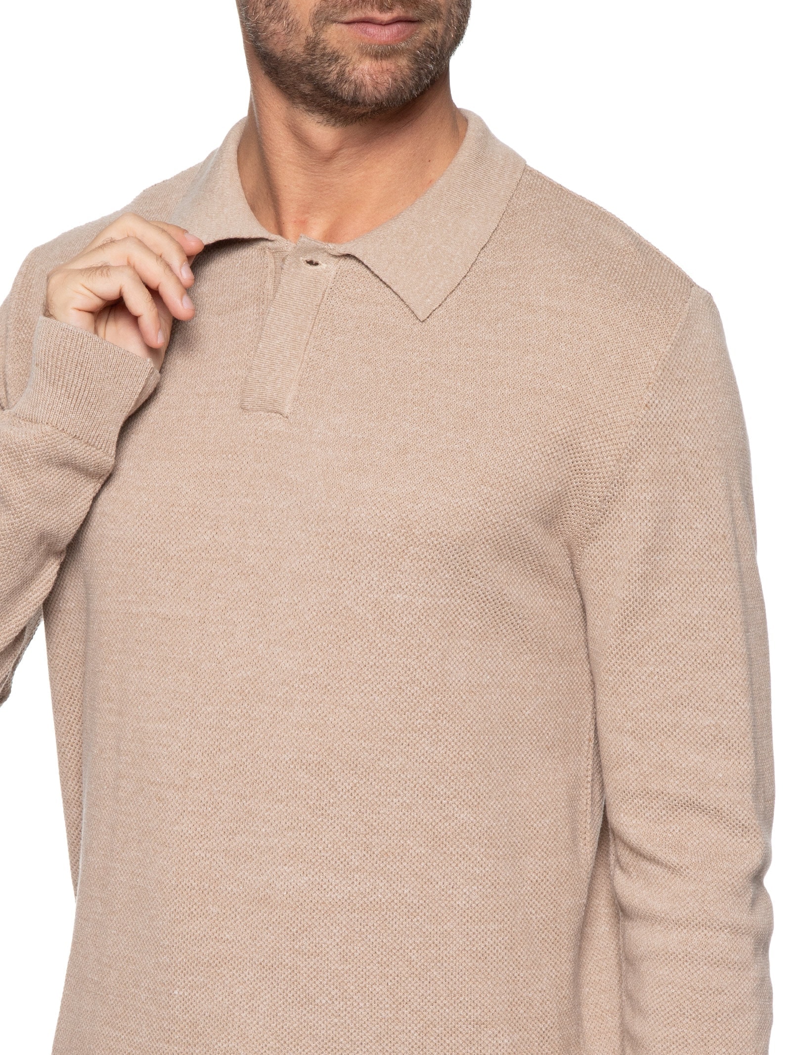 Polo Masculino Manga Longa Tricot Corda Bege Foxton