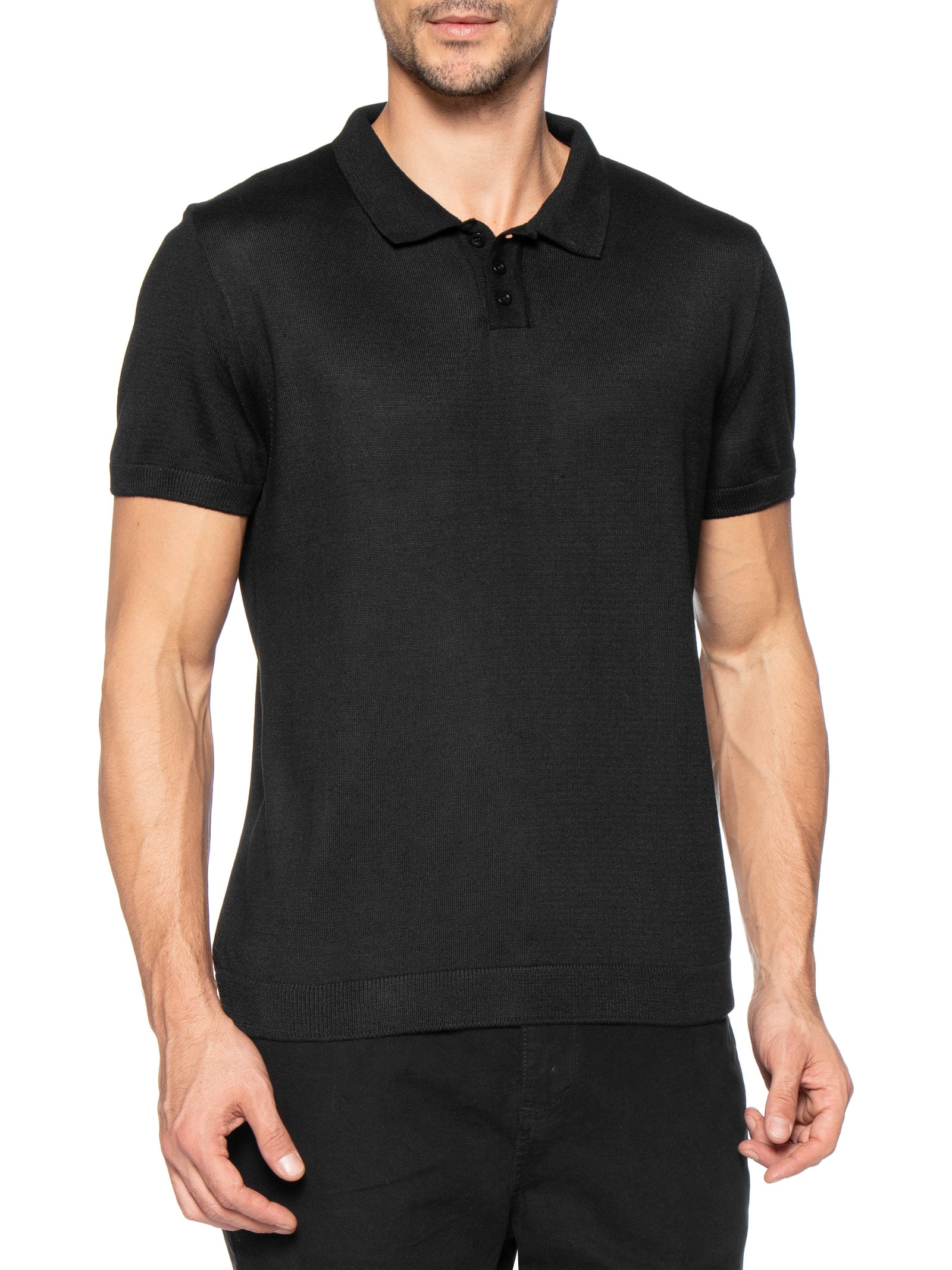Polo Tricot Manga Curta Masculina Basic Preto Foxton