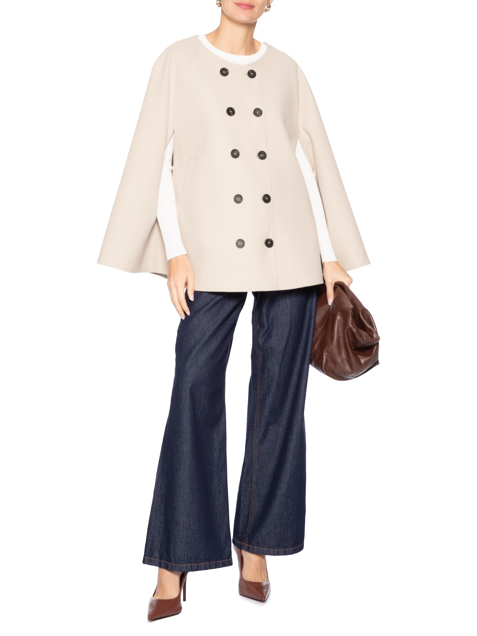 Poncho Feminino Amplo Com Botões Frontais Bege '2Essential