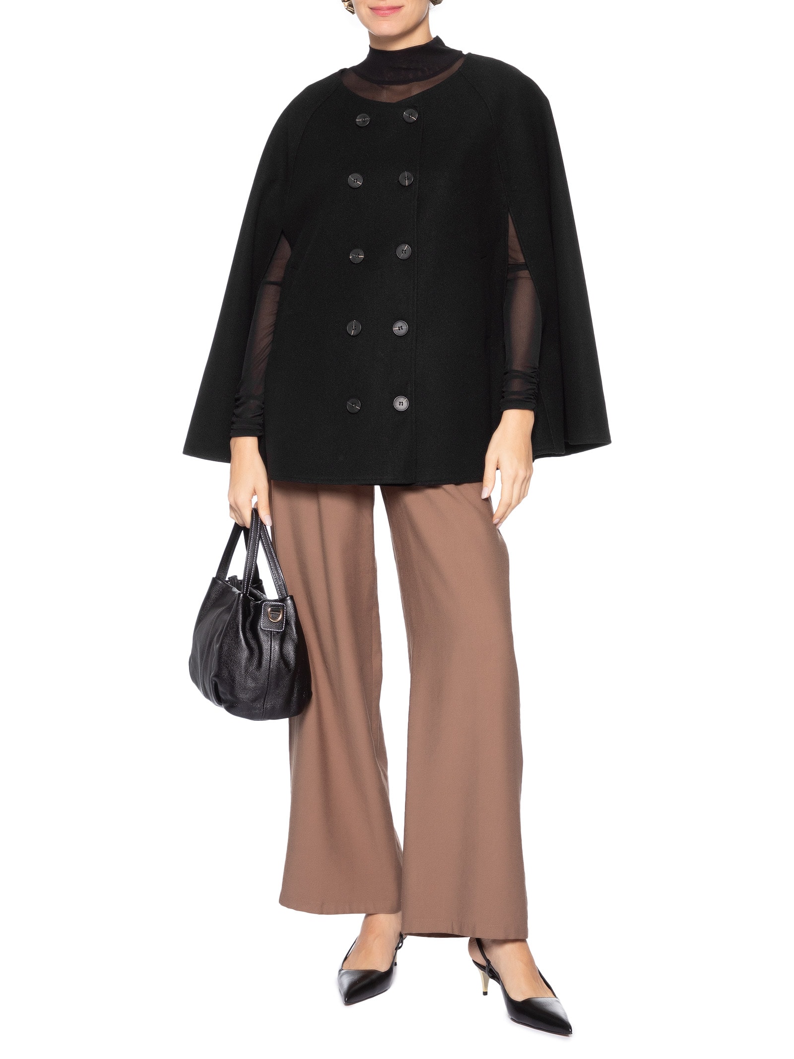 Poncho Feminino Amplo Com Botões Frontais Preto '2Essential