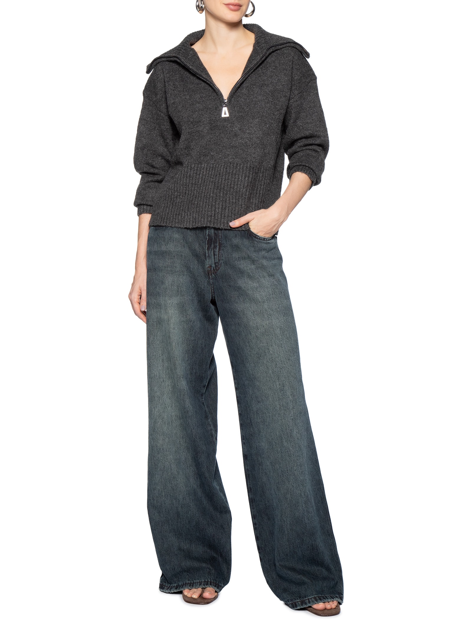 Pull Feminino De Zíper Cinza Animale Jeans