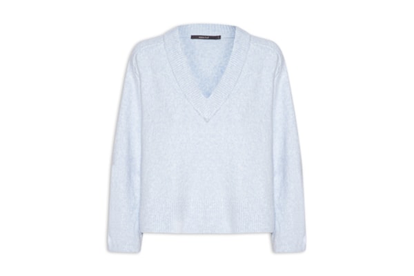 Pull Tricot Feminino Gola V Barra Canelada - Azul