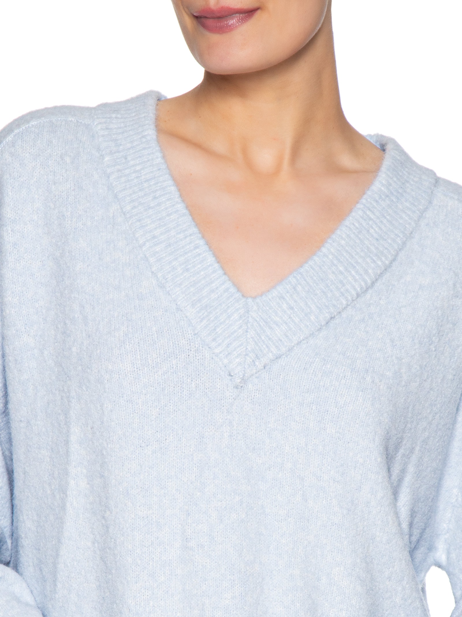 Pull Tricot Feminino Gola V Barra Canelada Azul Maria Filó