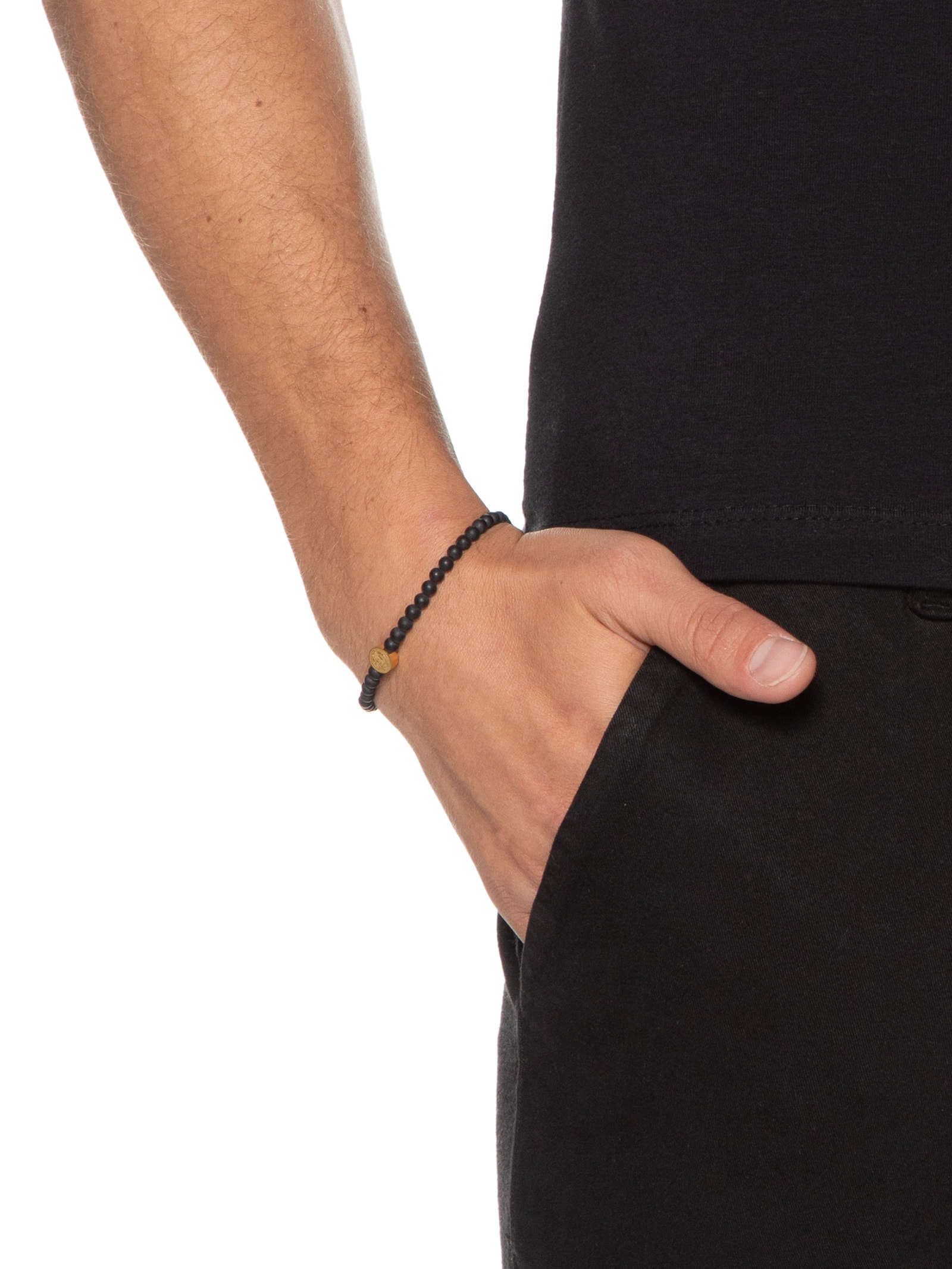 Pulseira Masculina Griffin De Pedra Natural Ágata Preta E Medalha Benta De Aço Dourado Preto Key Design