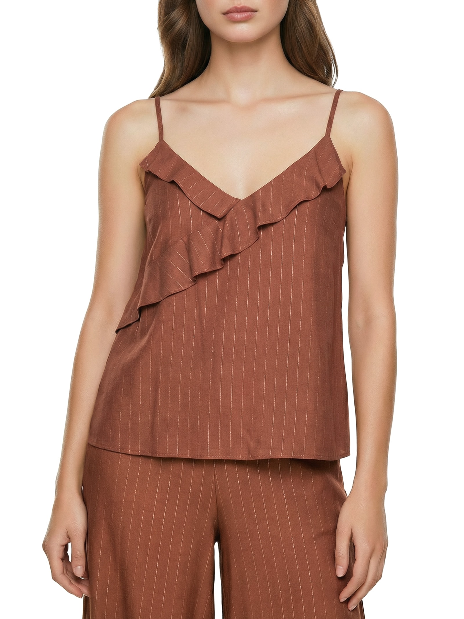 Regata Feminina Babados Decote Lisa Marrom CaCay Cacay