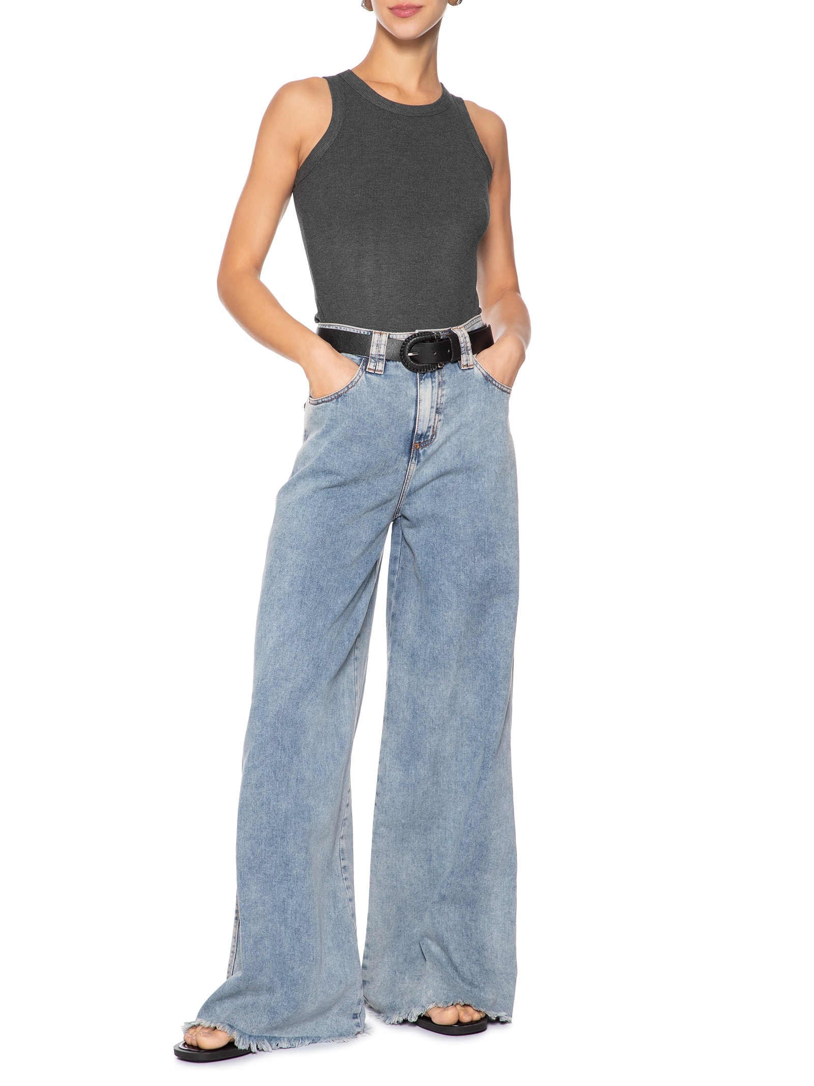 Regata Feminina Básica Canelada Cinza Basiq