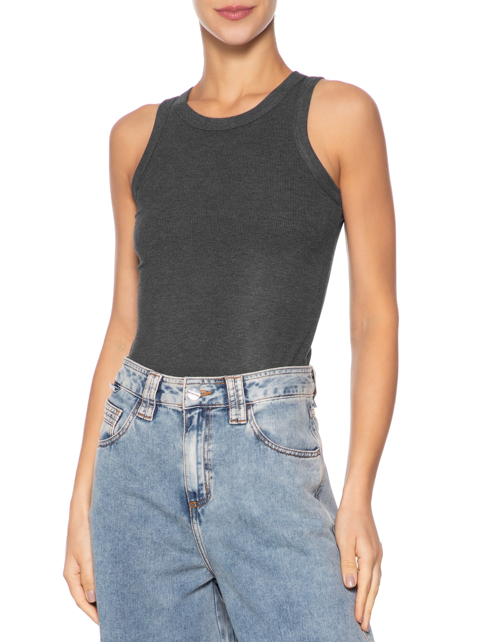 Regata Feminina Básica Canelada Cinza Basiq