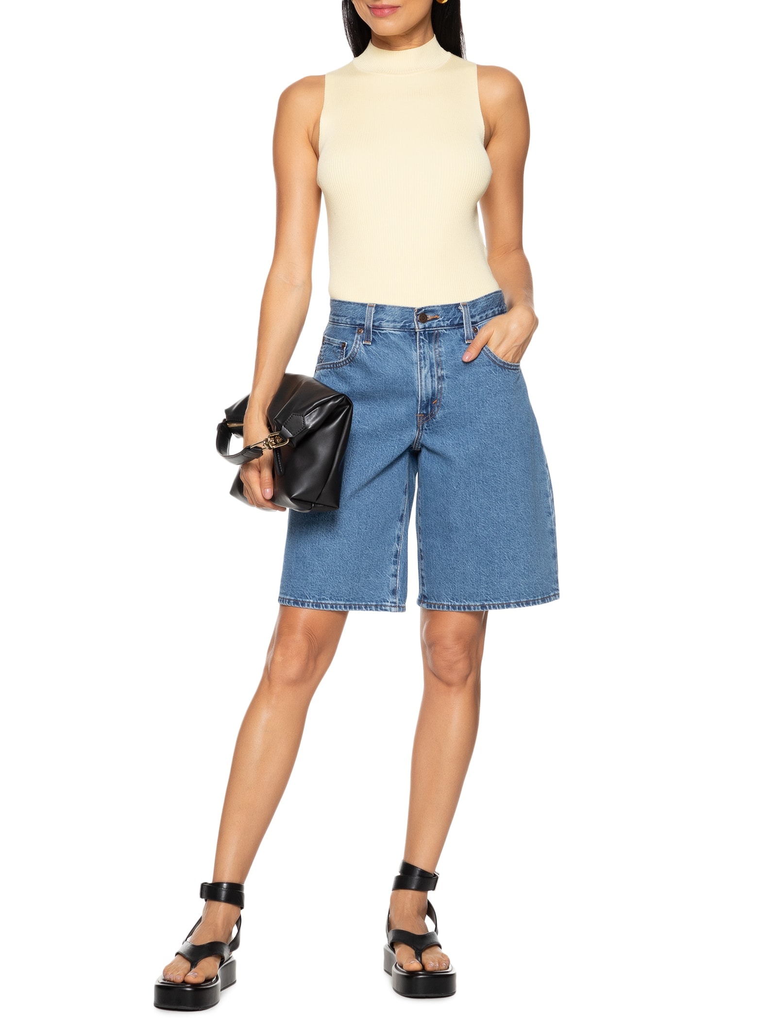 Regata Feminina Básica Gola Alta Em Tricô Canelado Amarelo Hering