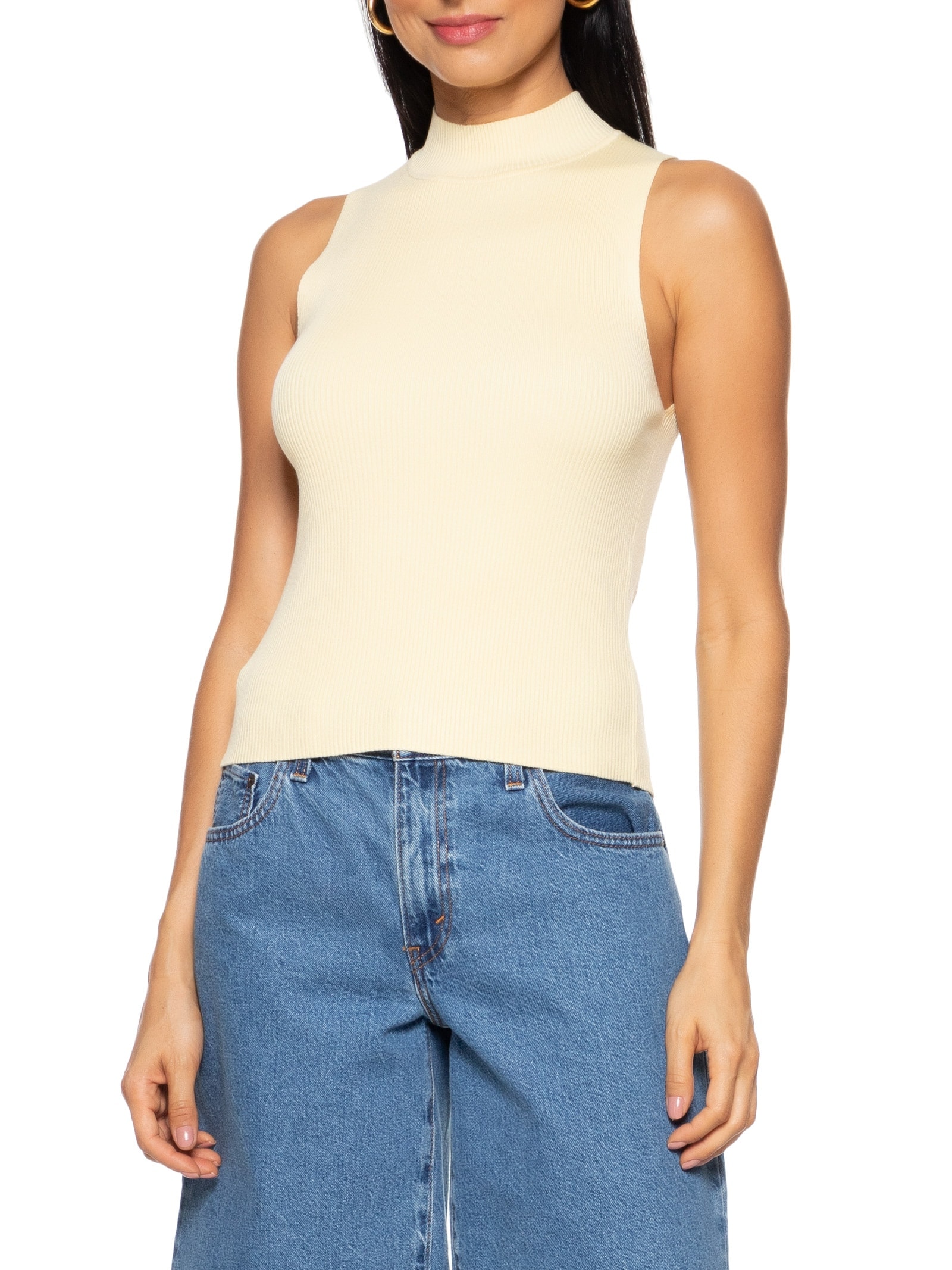 Regata Feminina Básica Gola Alta Em Tricô Canelado Amarelo Hering