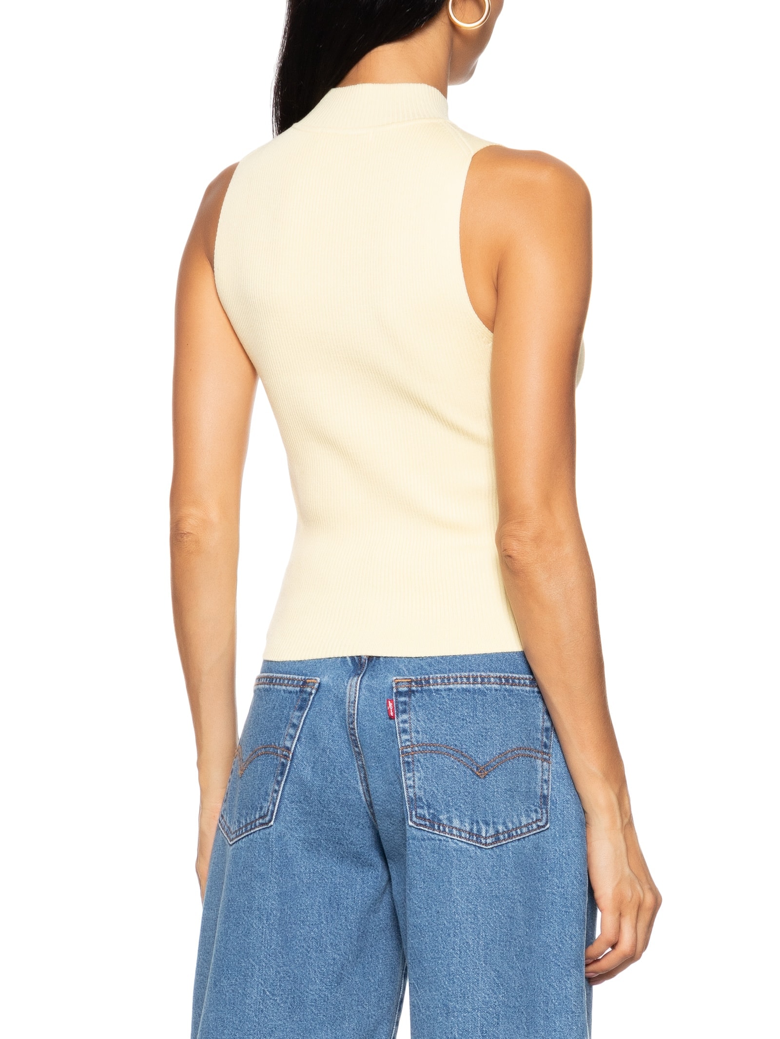 Regata Feminina Básica Gola Alta Em Tricô Canelado Amarelo Hering