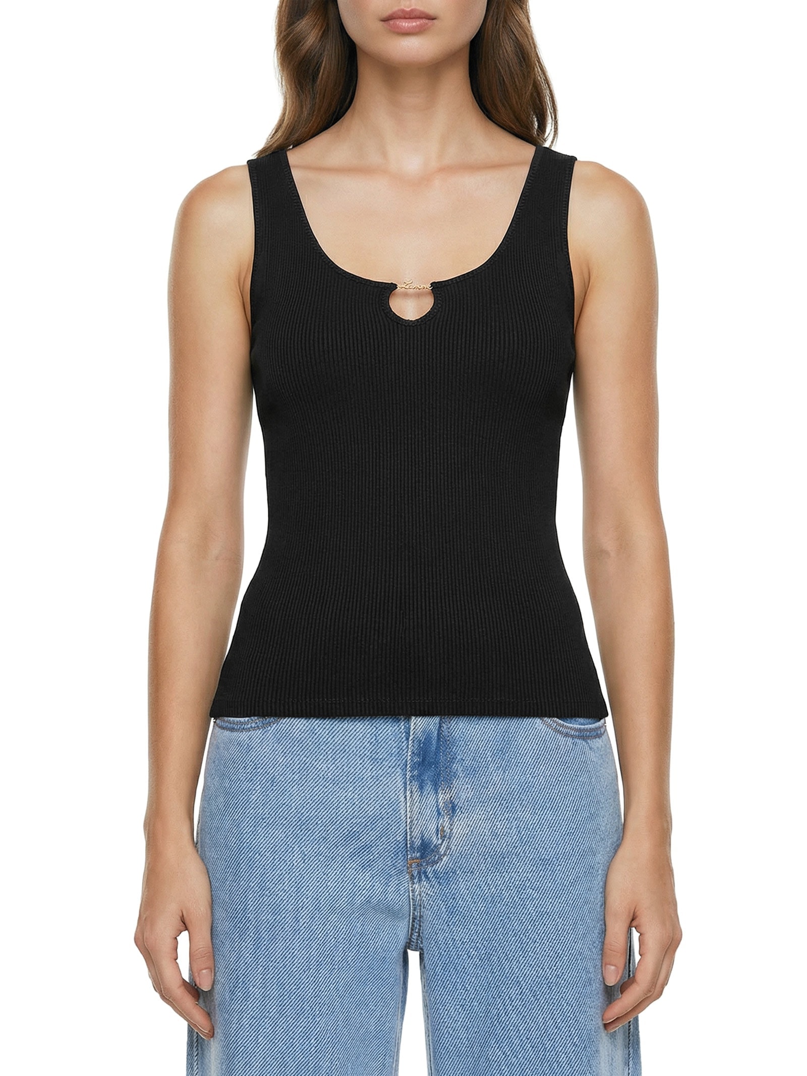 Regata Feminina Canelada Com Metal Preto Lança Perfume