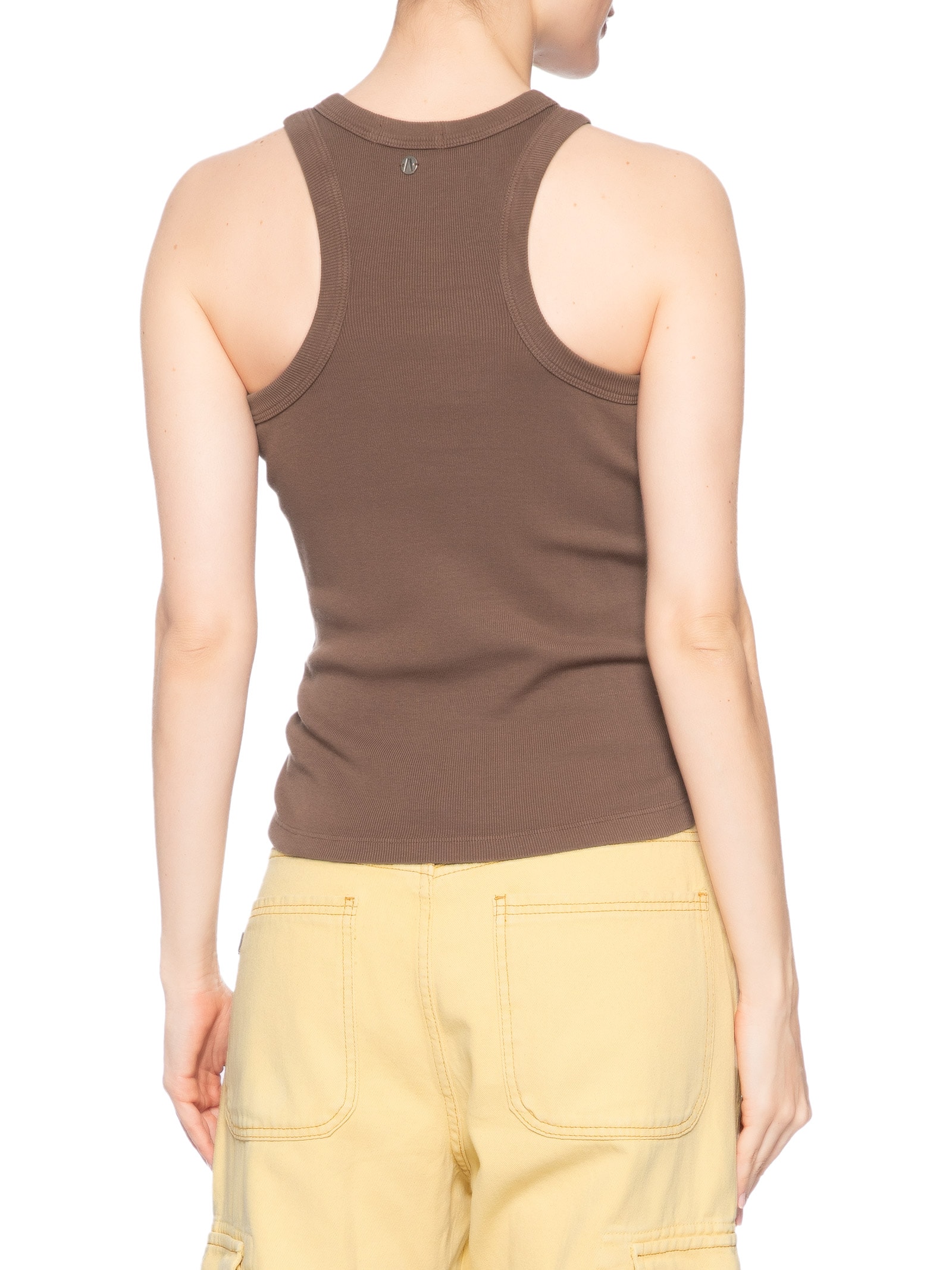 Regata Feminina Canelada Franzido Lateral Marrom Animale Jeans